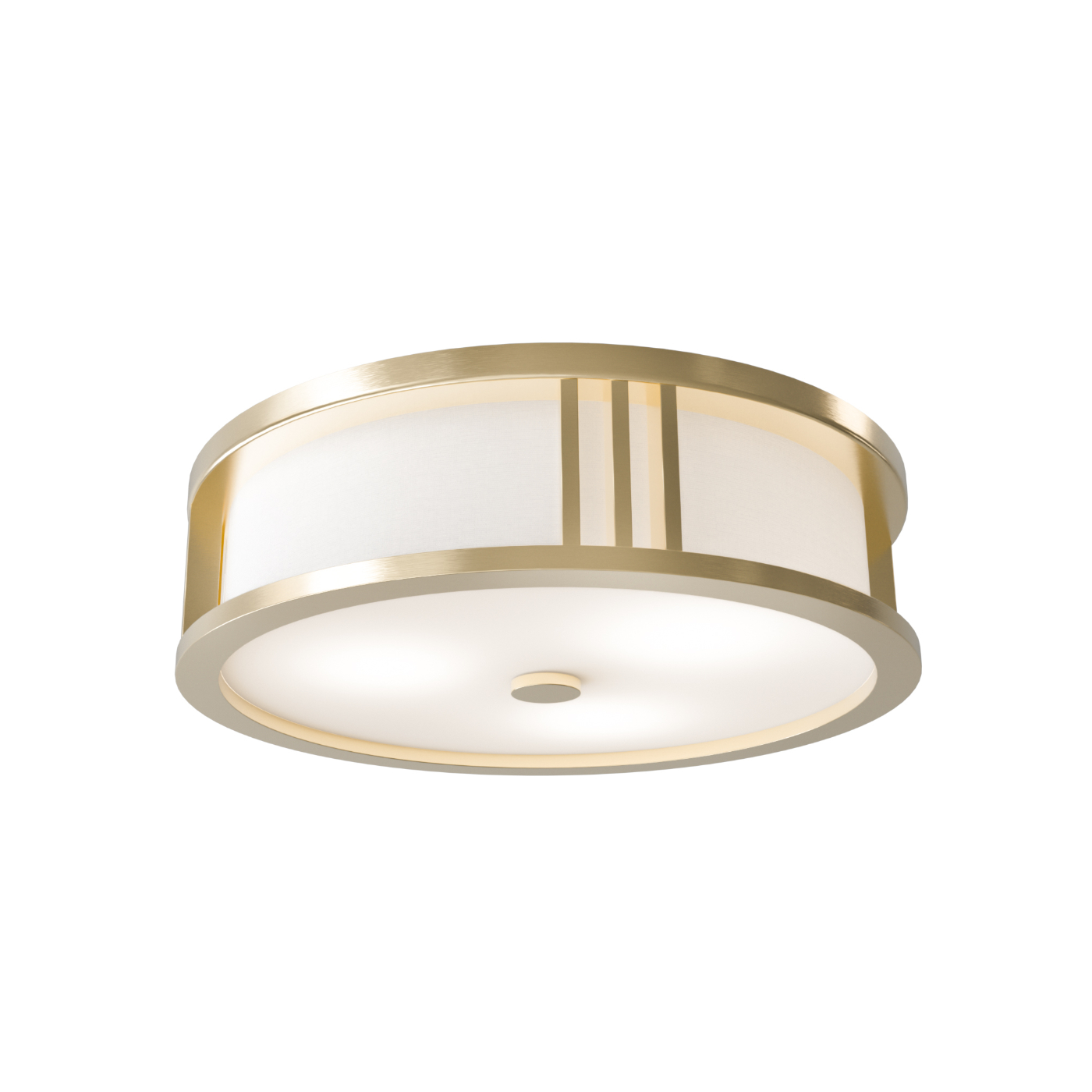 Plafon Sandro PL Old Gold o średnicy 35 cm, z metalową, matową oprawą w kolorze starego złota. Szklany klosz w odcieniu bieli z delikatnym wzorem. Produkt wiszący, ukazany z boku na jednolitym białym tle. Brak widocznych napisów i logo.