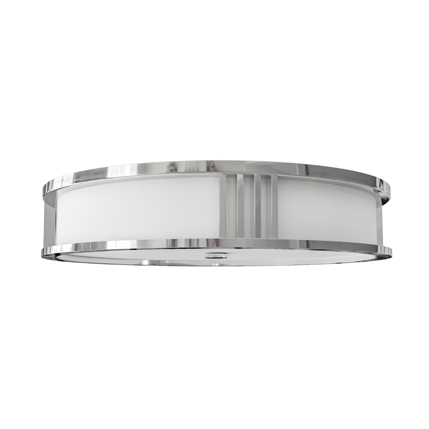 Plafon Sandro Cromo o średnicy 50 cm w kształcie okrągłym. Posiada metalową, błyszczącą ramę w kolorze chromu oraz białą tkaninę jako element dekoracyjny. Produkt przedstawiony z boku na jednolitym tle.