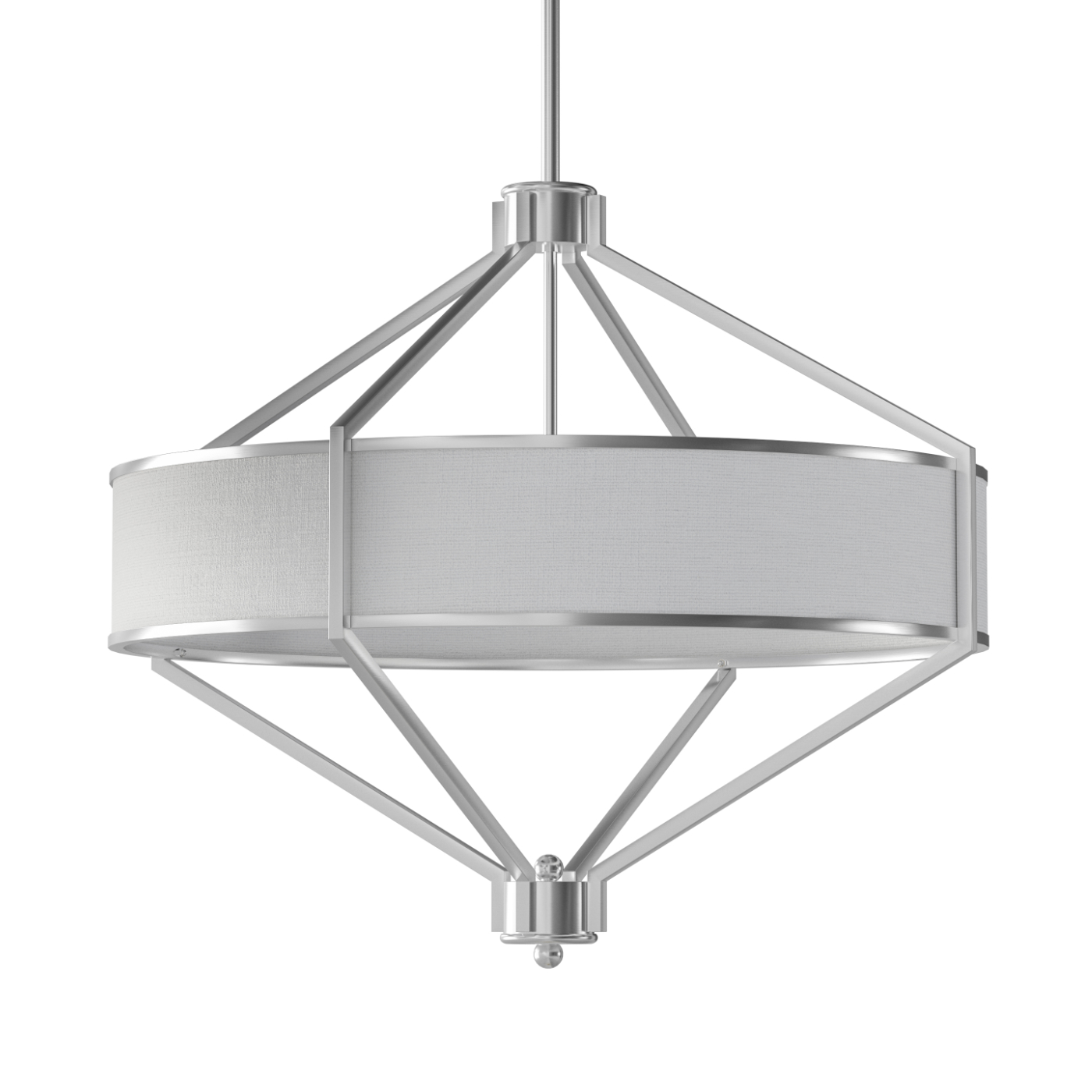 Lampa sufitowa Zundo w kolorze satynowego niklu z okrągłym, teksturowanym abażurem. Widoczne metalowe ramy tworzą geometryczną konstrukcję. Ujęcie z przodu, produkt wiszący na długim przewodzie, idealny do nowoczesnych wnętrz.
