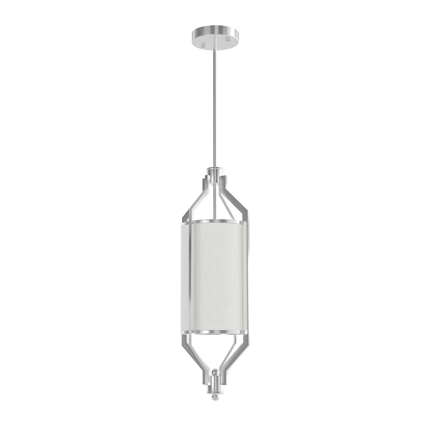 Lampa sufitowa Zundo w kolorze satynowego niklu, wisząca z okrągłym elementem mocującym. Owalny klosz wykonany z przezroczystego materiału, delikatnie teksturowany. Uchwyty w formie metalowych ramion podtrzymujących klosz. Produkt na białym tle.