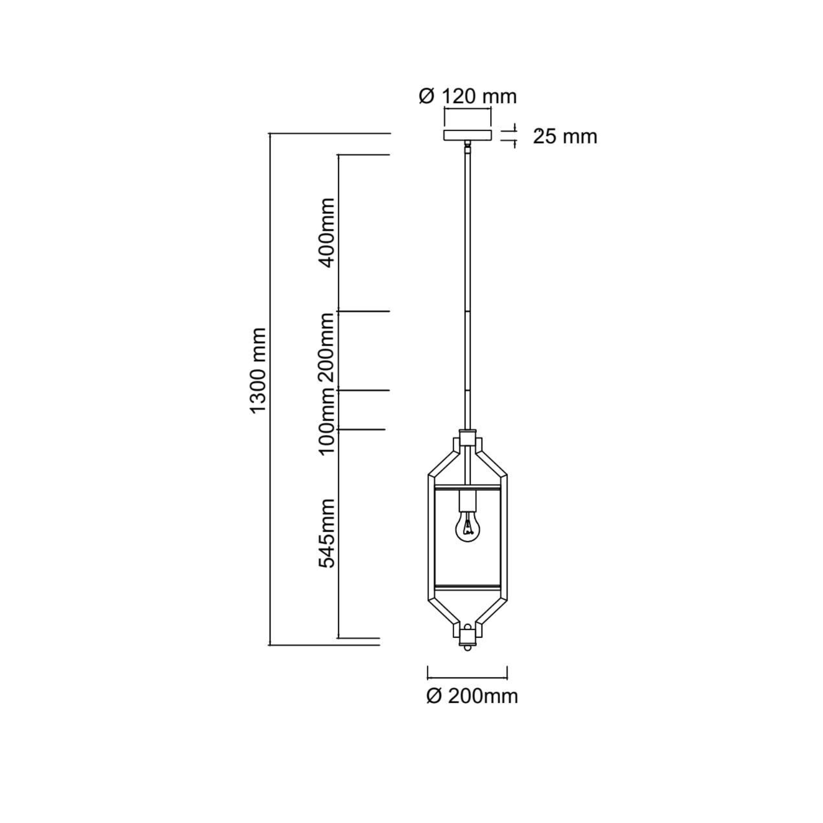 Lampa sufitowa Zundo w wykończeniu satynowym, kolor nikiel. Produkt wiszący z prostokątnym kloszem o wymiarach 1300 mm wysokości, 200 mm średnicy. Ujęcie frontalne, z widocznym miejscem na żarówkę. Tło białe, minimalistyczne.