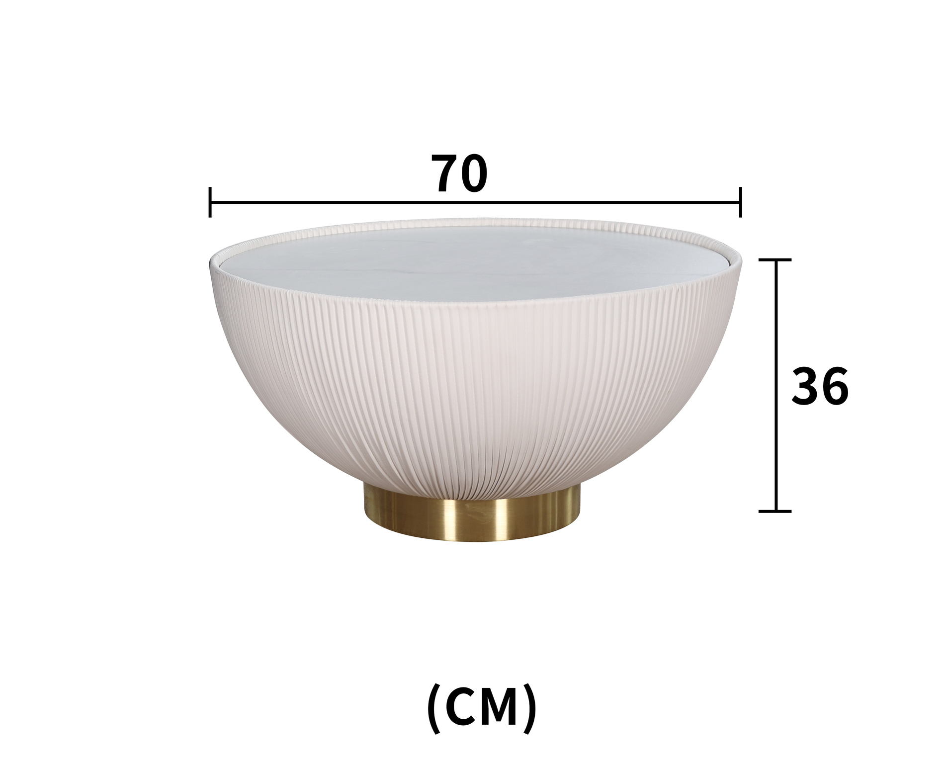 Stolik kawowy Modig w kolorze ecru o wymiarach 70 cm średnicy i 36 cm wysokości. Owalny kształt z fakturowaną powierzchnią oraz metalową, złotą podstawą. Produkt widoczny z boku, podkreślający elegancki design i nowoczesny styl.