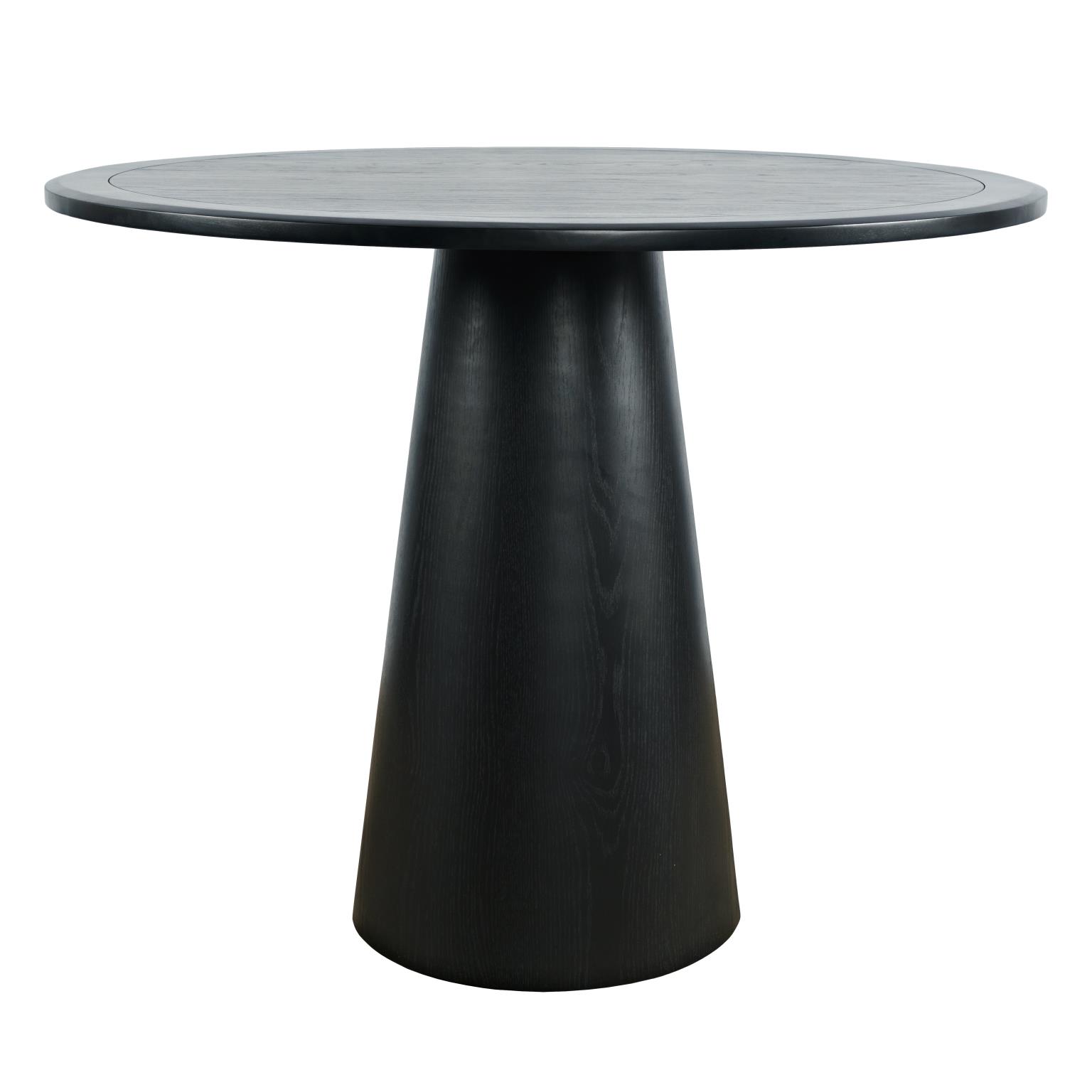 Stół barowy Avola w kolorze czarnym o średnicy 115 cm z podstawa w kształcie stożka. Obrusz o gładkiej, matowej powierzchni, bez widocznych dekoracji. Produkt widoczny frontalnie, stojący na białym tle, co podkreśla jego minimalistyczny design.