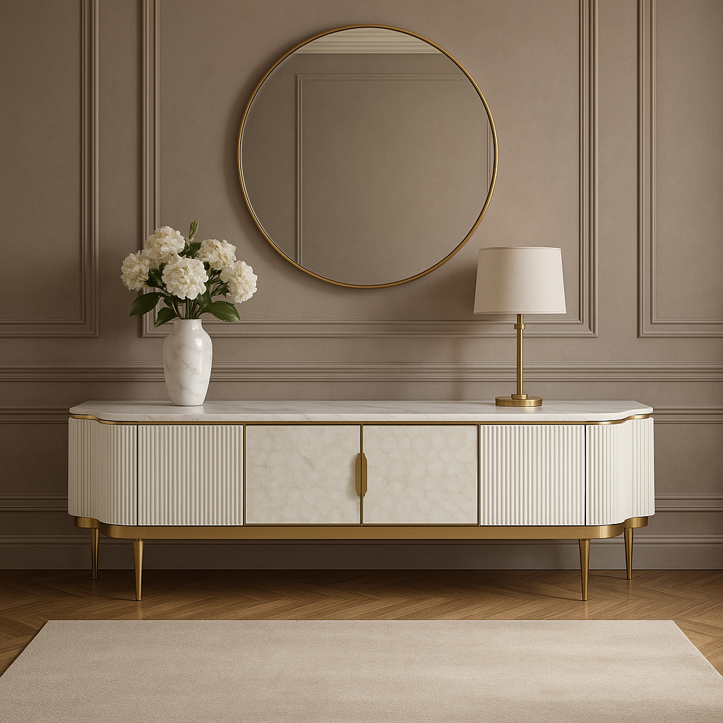 Nowoczesna komoda RTV w kolorze złamanej bieli z białym blatem, z ozdobnymi złotymi nogami. Ujęcie frontalne, produkt na stojaku, z wyraźnie widocznymi detalami fakturowymi i dekoracyjnymi drzwiczkami. W tle kwiaty w wazonie, lampa i lustro.