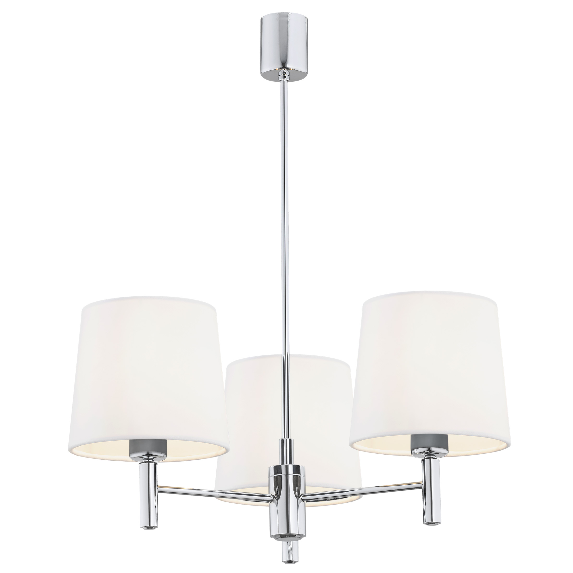 Lampa wisząca Bolzano Plus w białym kolorze z chromowanym wykończeniem. Posiada trzy abażury o cylindrycznym kształcie. Produkt jest zawieszony w pozycji wiszącej na długim metalowym wsporniku, w ujęciu frontalnym.