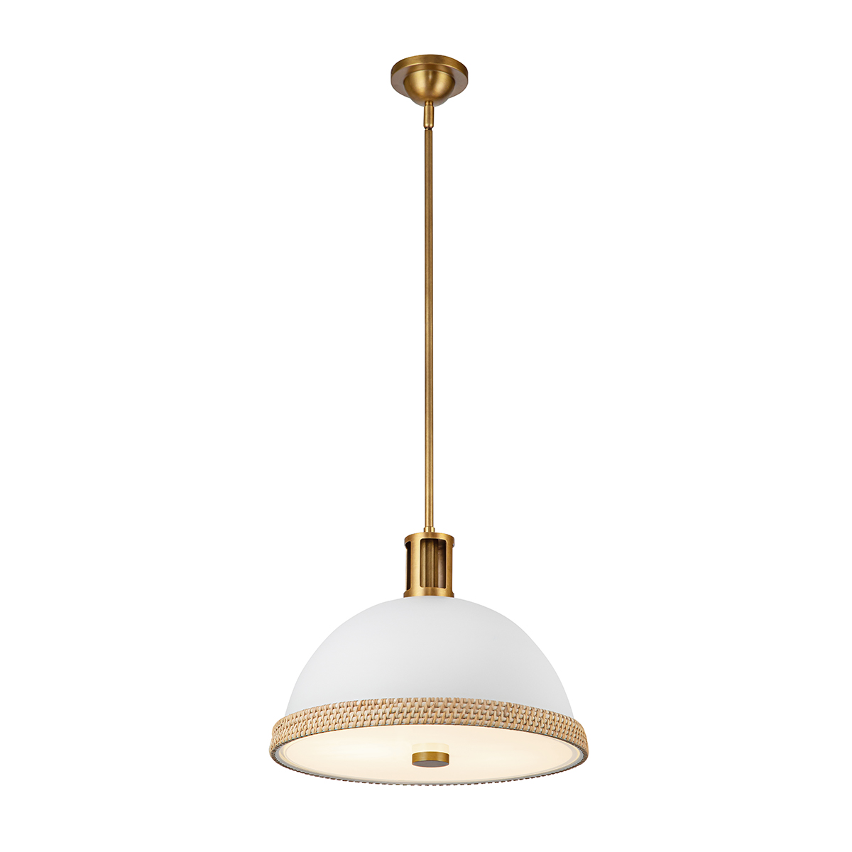 Lampa wisząca Doral w kolorze matowej bieli z dekoracyjnym wykończeniem w kolorze mosiądzu. Kształt kopuły, zawieszona na cienkim drucie. Prosta, nowoczesna forma, idealna do aranżacji wnętrz. Tło białe, co podkreśla produkt.