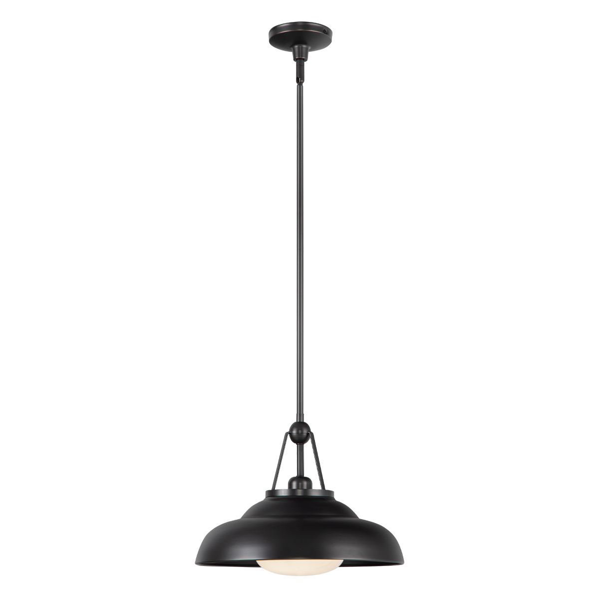 Lampa wisząca Palmetto w brązowym kolorze. Konstrukcja z matowego metalu, okrągła podsufitka oraz szklany klosz w dolnej części. Produkt wiszący, uchwyt zamontowany na cieńszym przewodzie. Widok frontalny na całość lampy na jednolitym tle.