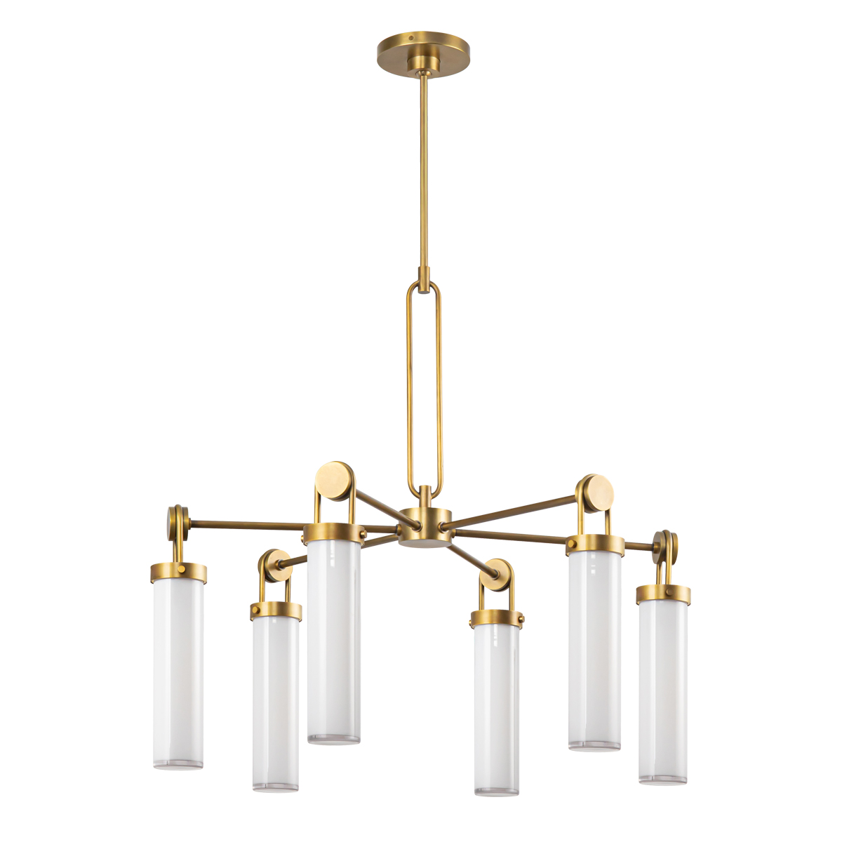 Żyrandol Wynwood Vintage w kolorze mosiądzu z sześcioma cylindrycznymi kloszami z transparentnego szkła. Produkt wiszący, ukazany z góry, z centralnym zawieszeniem. Nowoczesny design doskonale wpisuje się w eleganckie aranżacje wnętrz.