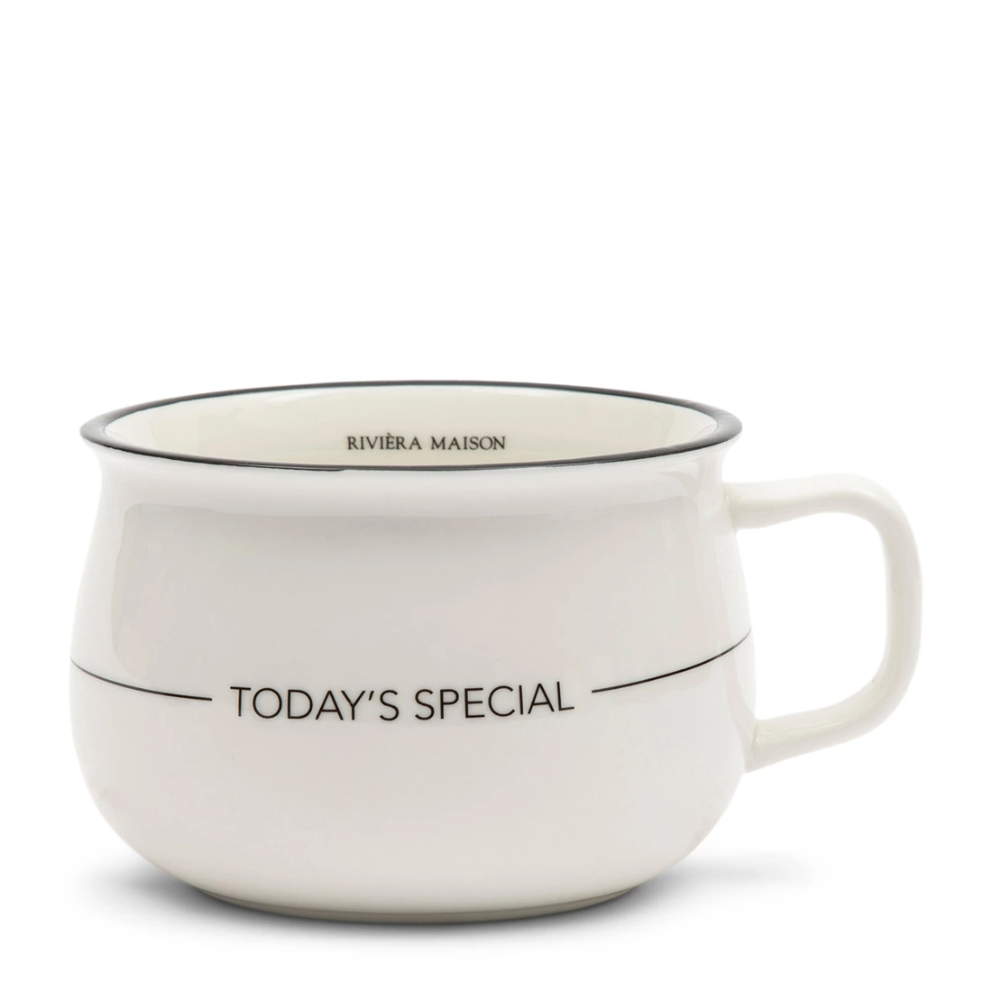 Miseczka na zupę w kolorze białym z czarną obręczą i napisem TODAY'S SPECIAL. Produkt ma zaokrąglony kształt i wygodny uchwyt. Widoczny napis oraz logo RIVIÈRA MAISON w środku. Idealna do serwowania zup.