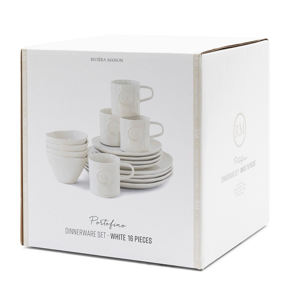 Zestaw porcelany Portofino w kolorze białym, składający się z 16 elementów: 6 filiżanek, 6 talerzy i 4 misek. Produkty ułożone na opakowaniu, z wyraźnym logo RM. Porcelana ma gładką fakturę i elegancki design.