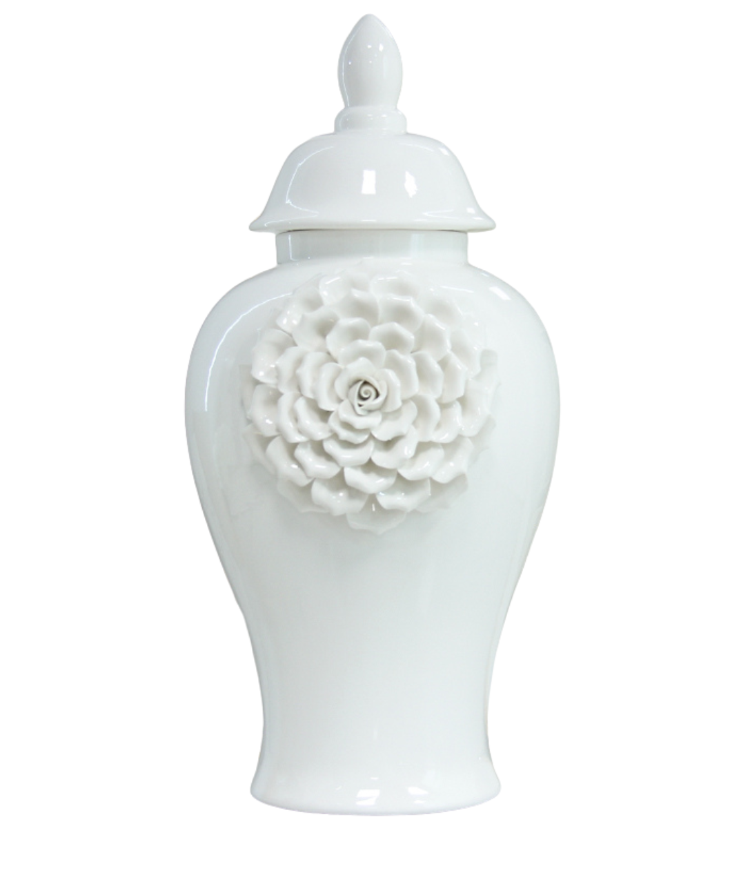 Biała waza ceramiczna Amfora Blossom o wysokości 47 cm, o zaokrąglonym kształcie. Posiada dekorację w postaci białego kwiatu na przedniej stronie oraz zamknięcie w formie pokrywy z kulistą gałką. Idealna do eleganckich aranżacji.
