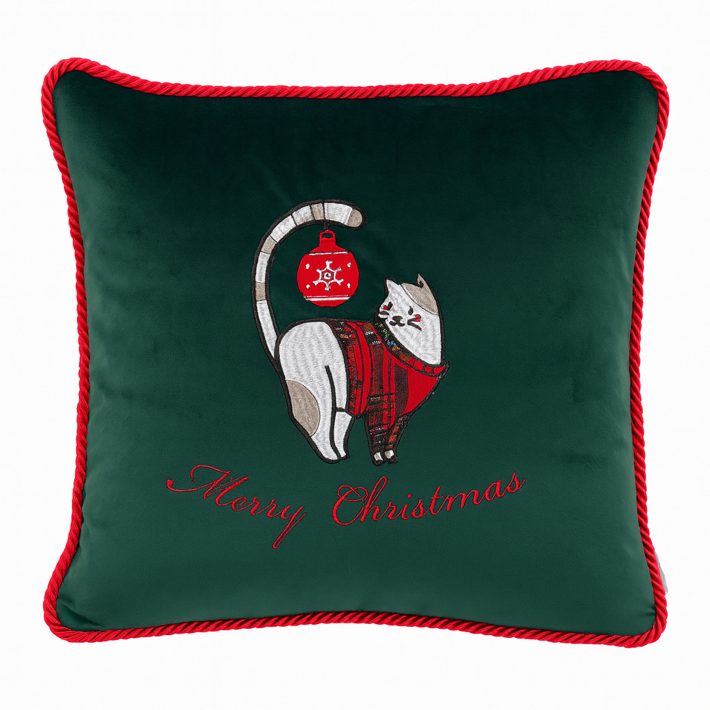 Poduszka dekoracyjna w kolorze ciemnozielonym z haftem kota w swetrze trzymającego dzwonek. Czerwony napis „Merry Christmas” na dole. Wykończenie z czerwonego sznura. Produkt w pozycji leżącej, zbliżenie na detal haftu.