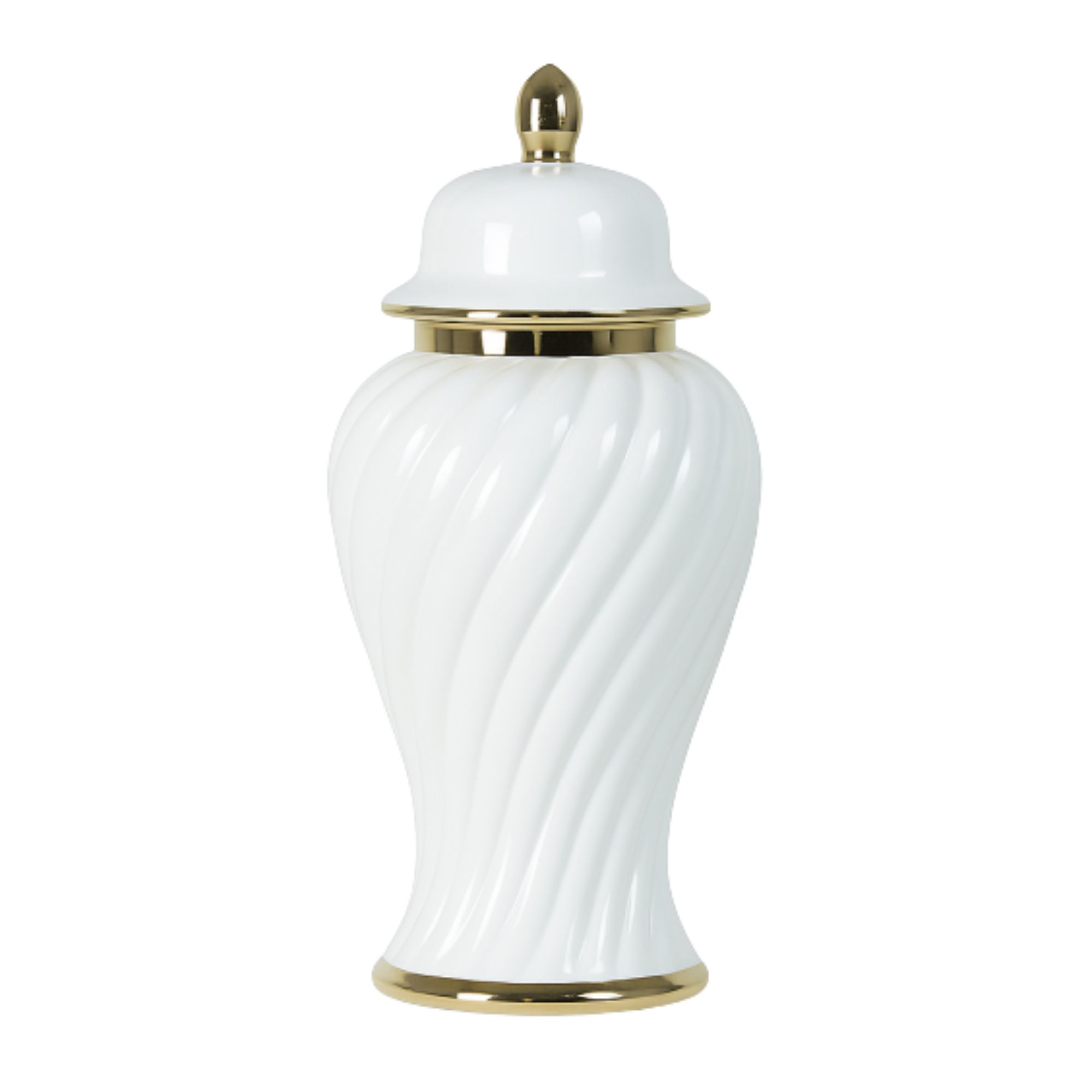 Waza ceramiczna Amfora Prestige o wysokości 50 cm, w kolorze białym z dekoracyjnymi złotymi akcentami. Posiada falistą fakturę oraz przykrywkę z ozdobnym, złotym wierzchołkiem. Stoi na stabilnej, złotej podstawie.