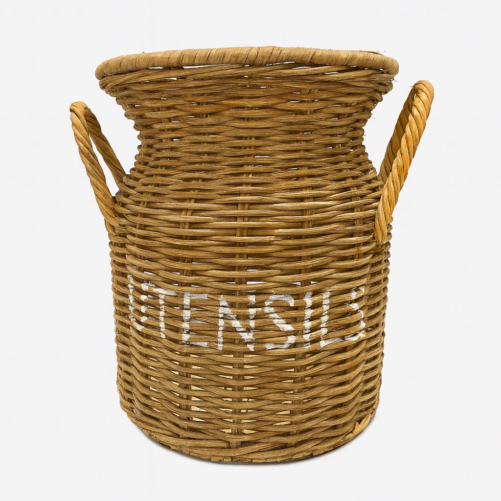 Rattanowy pojemnik Utilities w kolorze naturalnym, z wyraźnymi uchwytami po bokach. Na froncie widoczny napis „UTENSILS” w białym kolorze. Produkt ma cylindryczny kształt i teksturowaną powierzchnię.