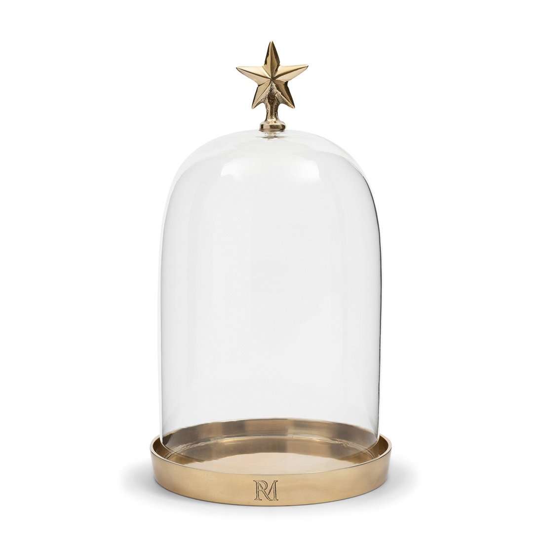 Klosz Christmas Star Dôme M Riviera Maison z przezroczystego szkła, z metalową podstawą w kolorze złotym. Na górze znajduje się dekoracyjna gwiazdka. Produkt stoi w pozycji pionowej, na jednolitym tle. Wymiary i detale nie są widoczne.