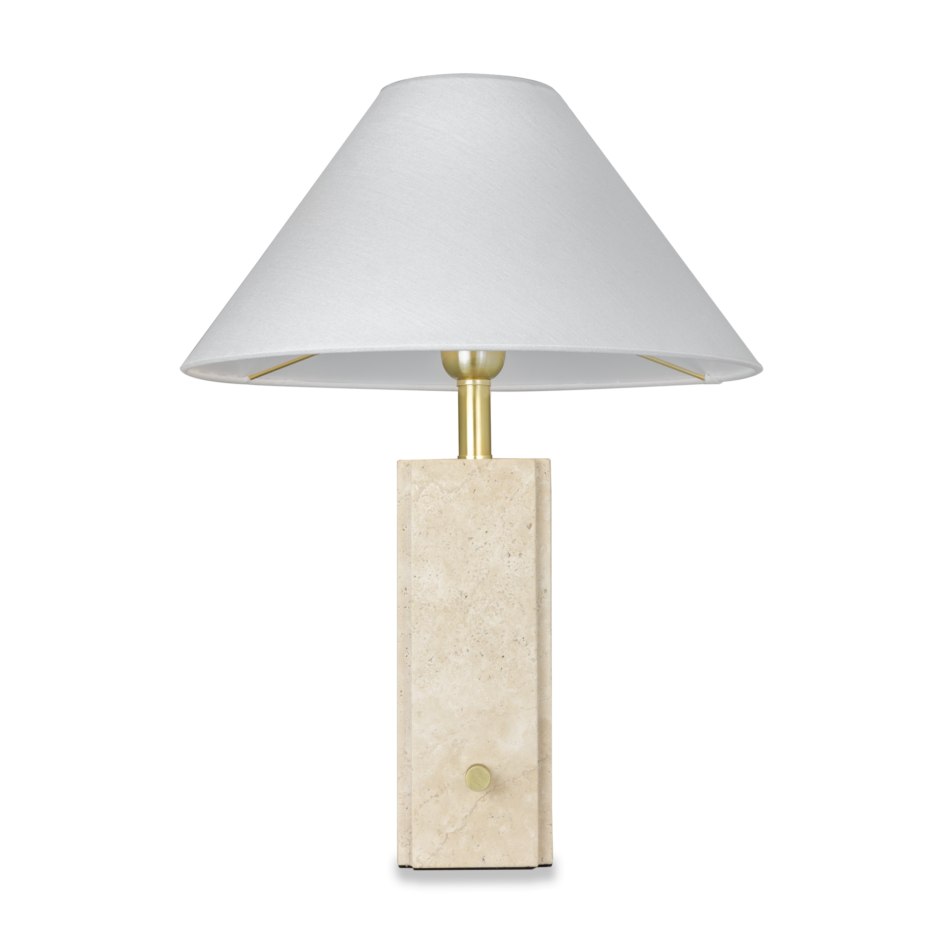 Lampa stołowa Orleans o wysokości 50 cm, z okrągłym kloszem w białym kolorze i podstawą z jasnego kamienia. Złote detale przy mocowaniu klosza oraz przycisk na podstawie. Produkt ustawiony w pozycji stojącej.