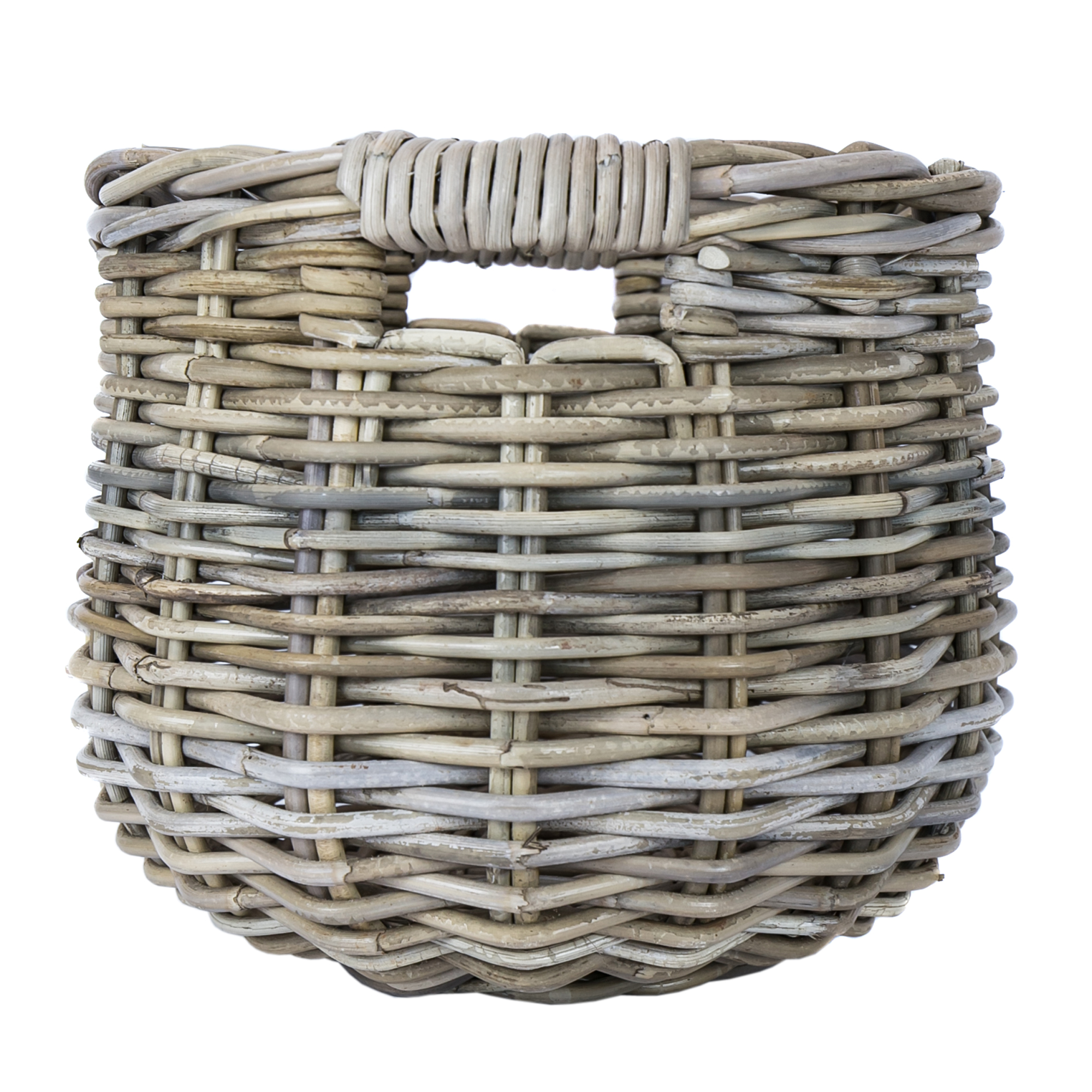 Osłonka donica rattanowa w kolorze beżowo-szarym, o wysokości 37 cm, z otworem na uchwyt. Wykonana z plecionki rattanowej, z zaokrąglonym kształtem, idealna do dekoracji roślin. Tło białe, co podkreśla detale produktu.