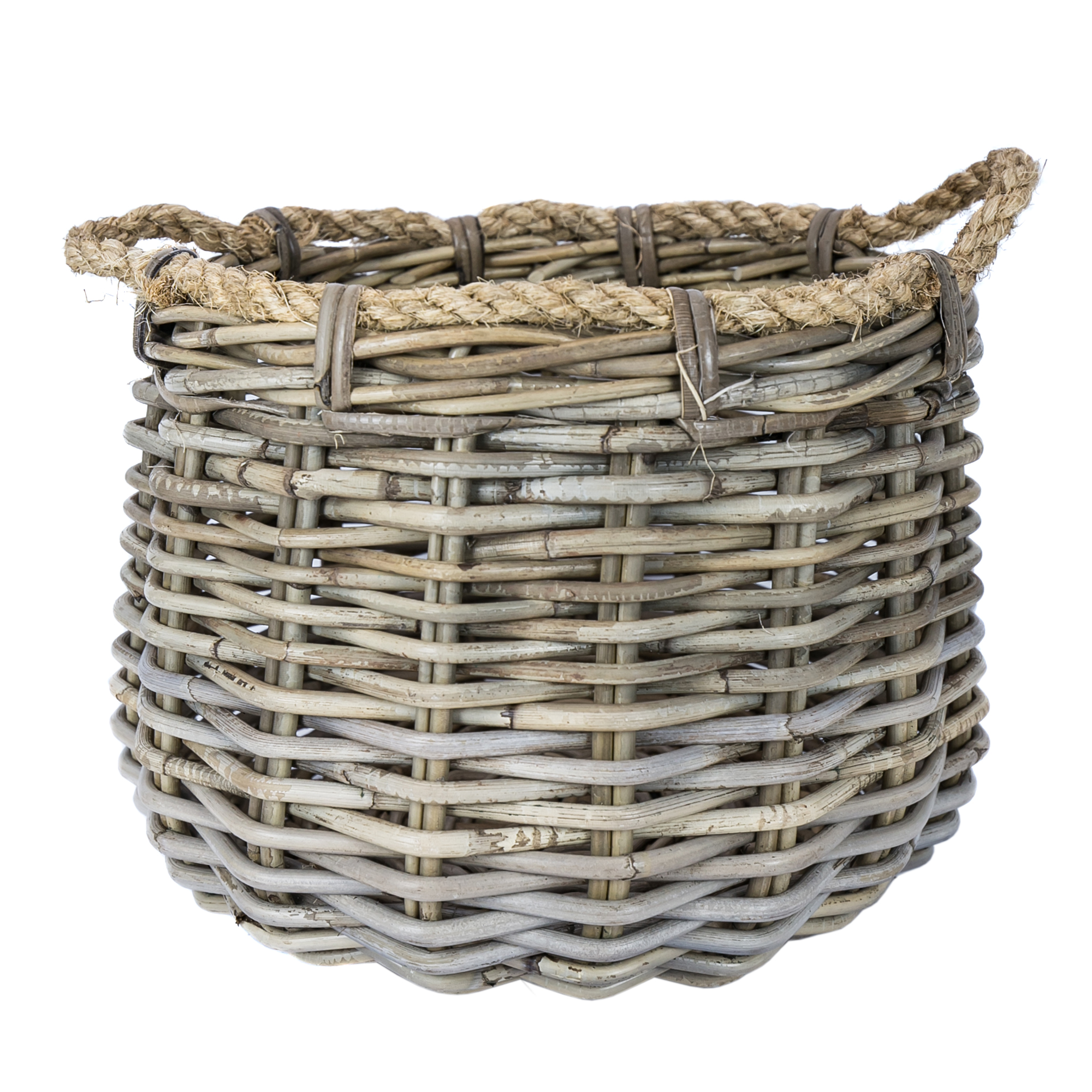 Osłonka donica rattanowa w kolorze szaro-brązowym, o wysokości 35 cm. Posiada plecionkę z naturalnego materiału i wzmocnione uchwyty z juty. Produkt ma okrągły kształt i jest przeznaczony do dekoracji roślin doniczkowych.