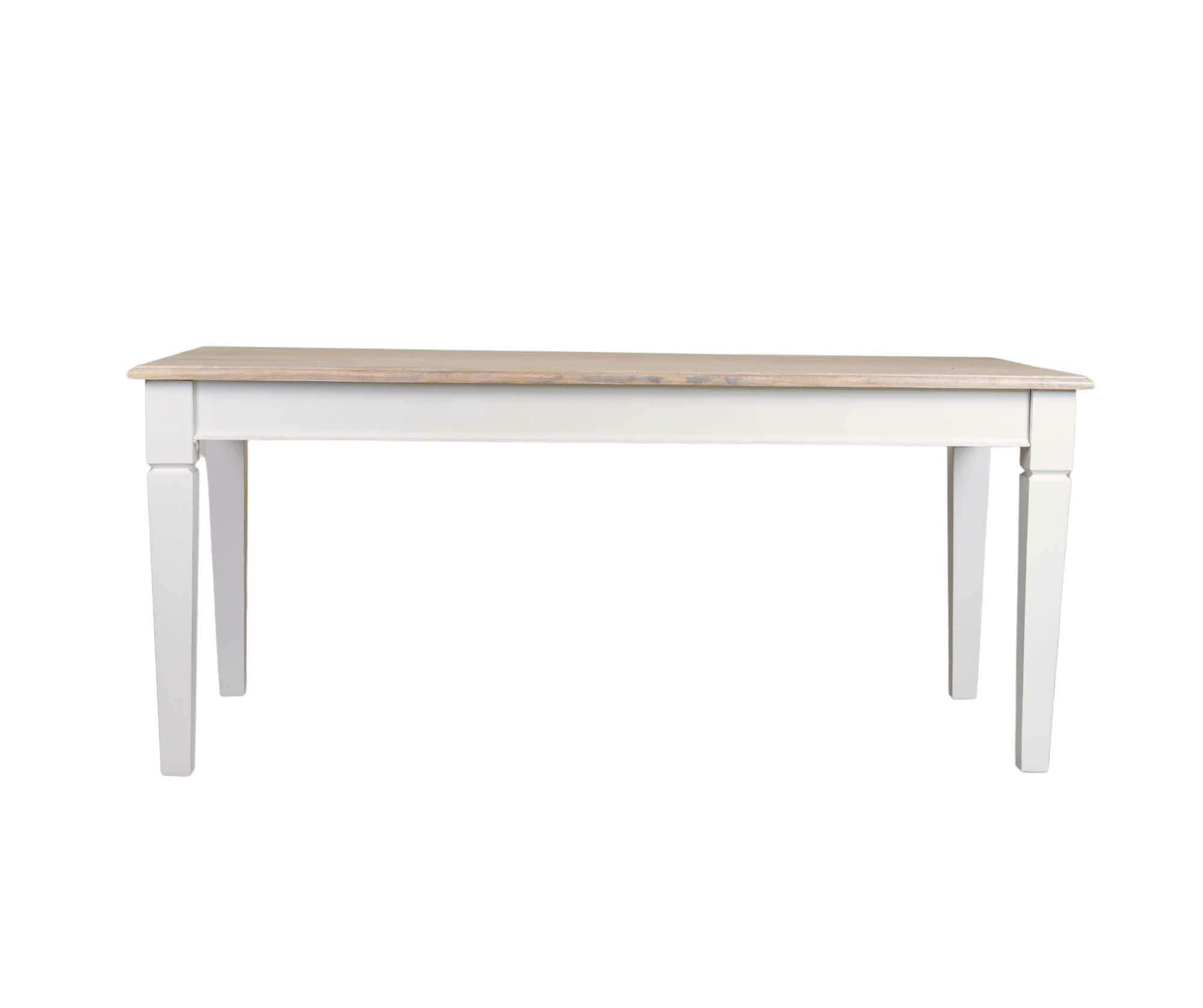 Stół Bristol w kolorze białym o wymiarach 180x90x78 cm. Posiada prostokątny blat z delikatną fakturą oraz cztery proste, lekko zaokrąglone nogi. Produkt prezentowany w pozycji stojącej na jednolitym tle.