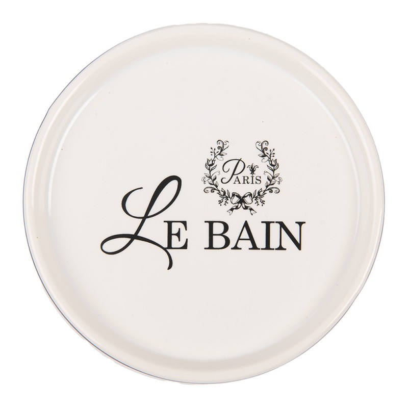 Mydelniczka Le Bain w kolorze białym, okrągła, z czarnym napisem LE BAIN oraz ozdobnym motywem w górnej części. Produkt leży na płaskiej powierzchni, widoczny z góry, co podkreśla jego minimalistyczny styl.