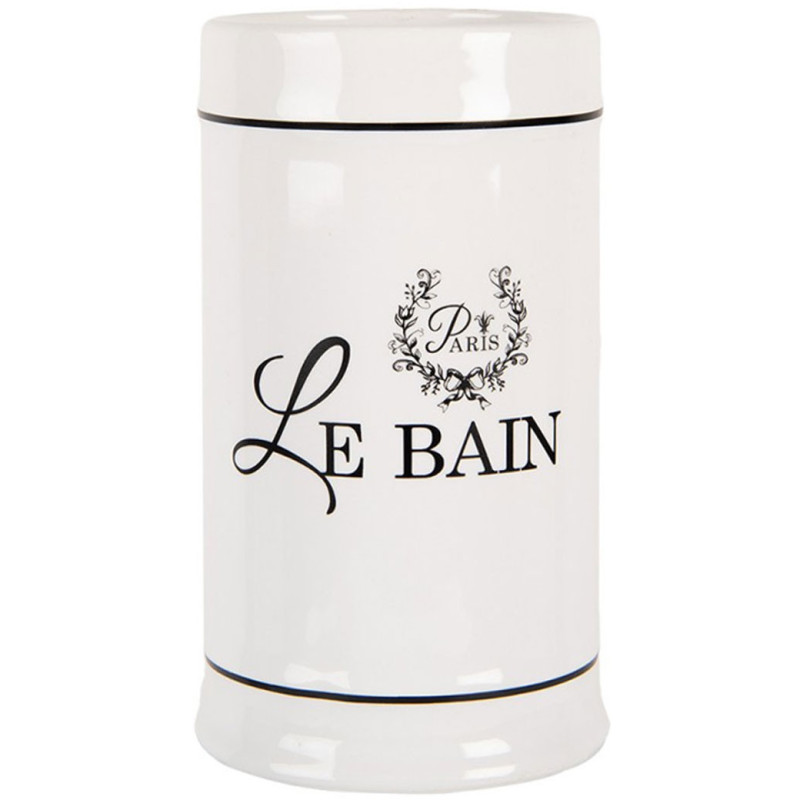Pojemnik Le Bain w kolorze białym, o cylindrycznym kształcie. Na froncie widoczny czarny napis LE BAIN oraz logo P w eleganckim wzorze. Produkt zamknięty, z dekoracyjną, złotą linią na dolnej krawędzi.