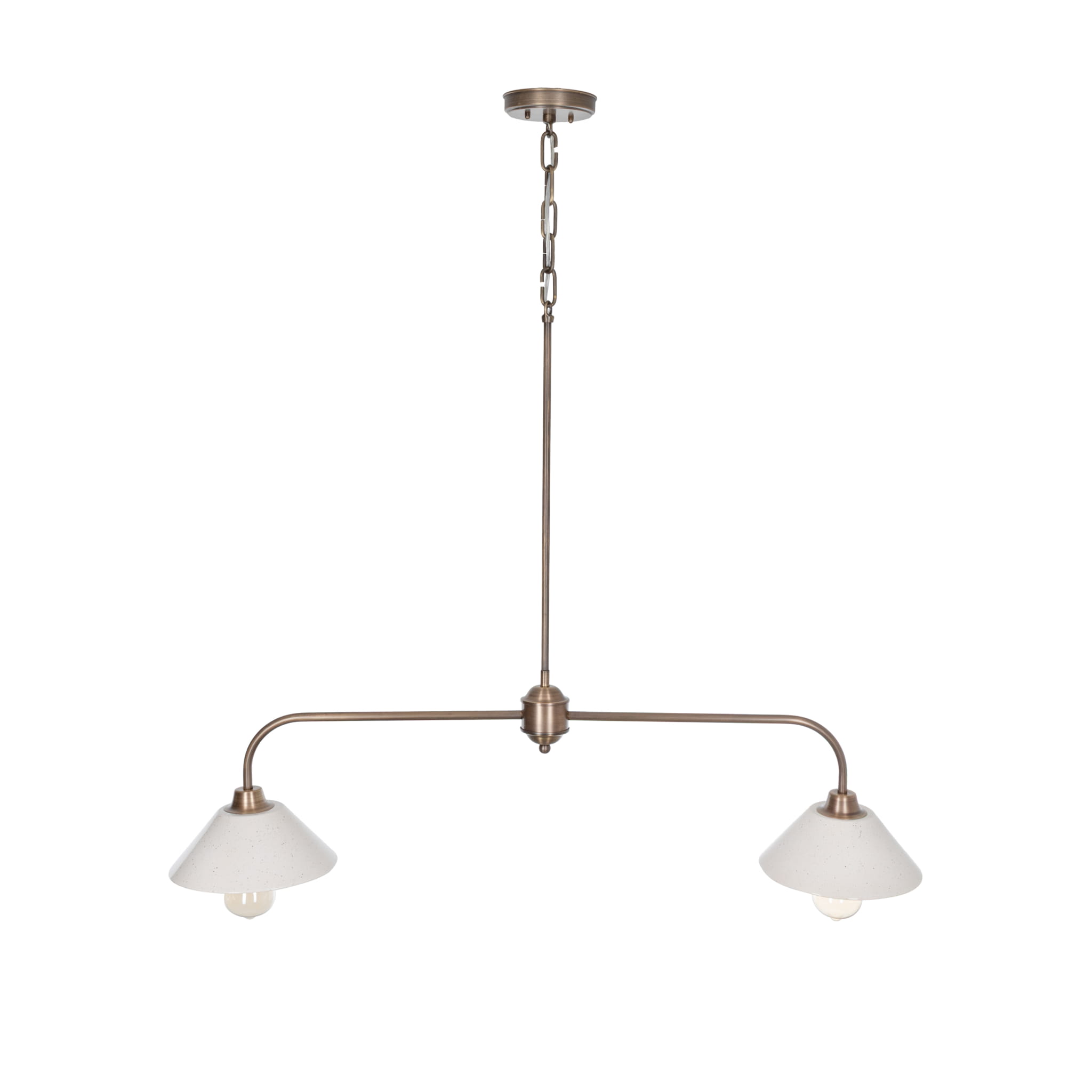 Lampa sufitowa Sorena w kolorze mosiądzu, szerokość 115 cm. Posiada dwa klosze w kształcie stożków w białym kolorze z drobnymi wzorami. Produkt zawieszony na długim łańcuchu, z centralnym mocowaniem do sufitu.