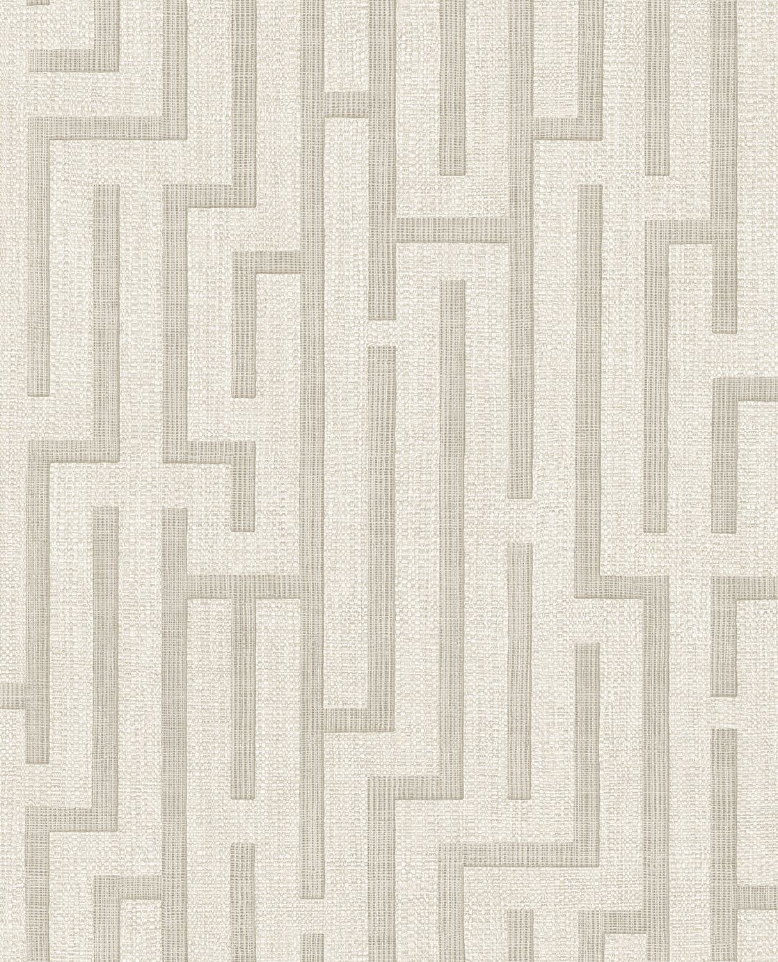 Tapeta w kolorze kremowo-beżowym z geometrycznym wzorem w formie trellis. Tekstura materiału jest lekko teksturowana, co nadaje jej elegancki wygląd. Produkt widoczny w zbliżeniu, na jednolitym tle.