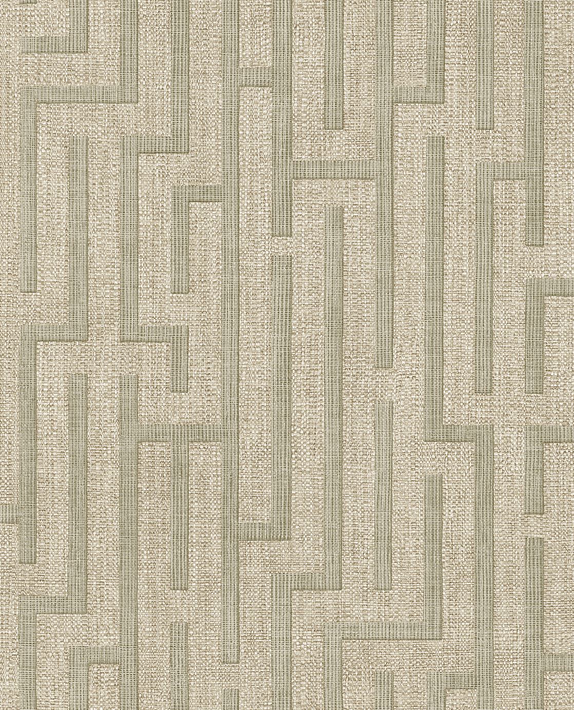 Tapeta Linen Trellis w kolorze beżowo-oliwkowym, posiadająca geometryczny wzór w formie prostokątów. Tekstura jest lekko matowa, co nadaje jej elegancki wygląd. Produkt widoczny jest na jednolitym tle.