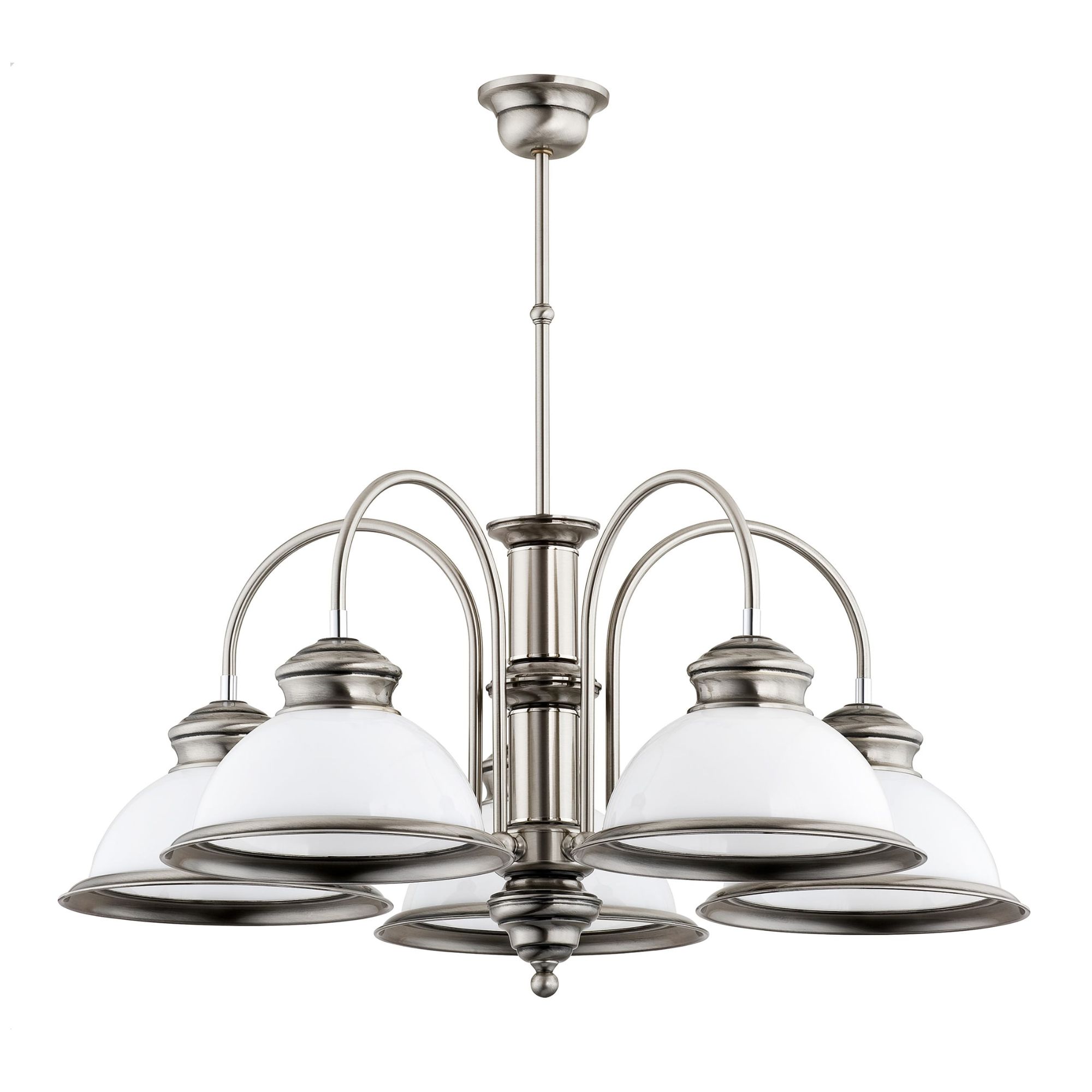 Lampa sufitowa wisząca Lido II w kolorze metalicznym z pięcioma kloszami w białym kolorze. Wymiary: 69x69x87 cm. Produkt zawieszony na długim elemencie, z eleganckimi detalami i klasycznym wzornictwem.