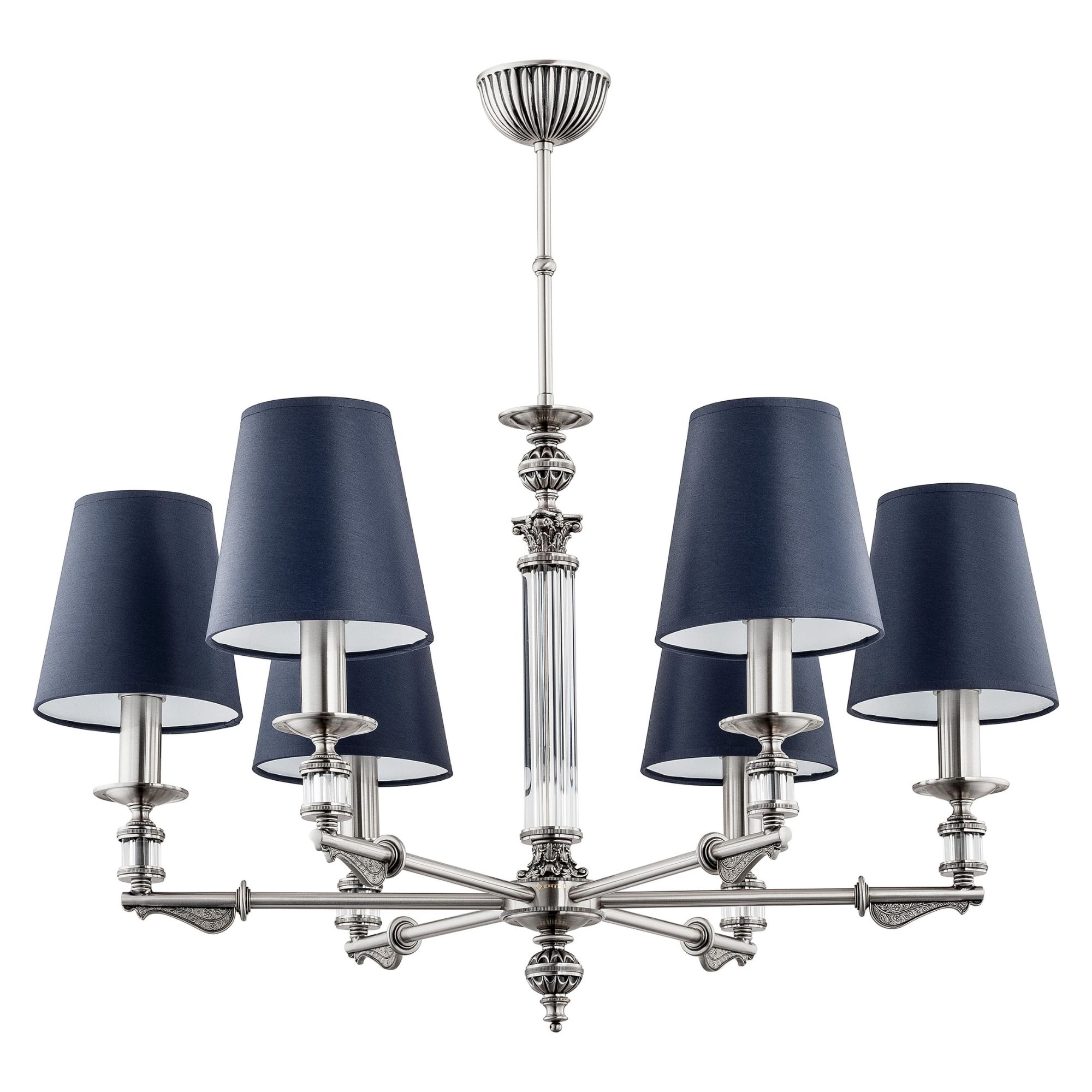 Lampa sufitowa Merano z sześcioma granatowymi kloszami, metalową podstawą w kolorze niklu i dekoracyjnymi detalami. Ujęcie frontalne, produkt wiszący, wymiary 71x71x70 cm, na białym tle.