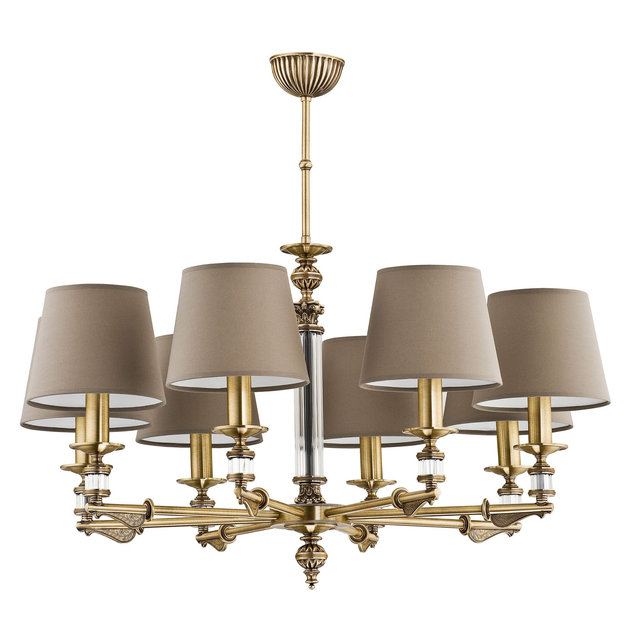 Lampa sufitowa Merano II w kolorze złotym, z sześcioma abażurami w odcieniu brązu. Okrągła podstawa z detalami dekoracyjnymi. Wymiary: 77x77x70 cm. Ujęcie frontalne, produkt wiszący.