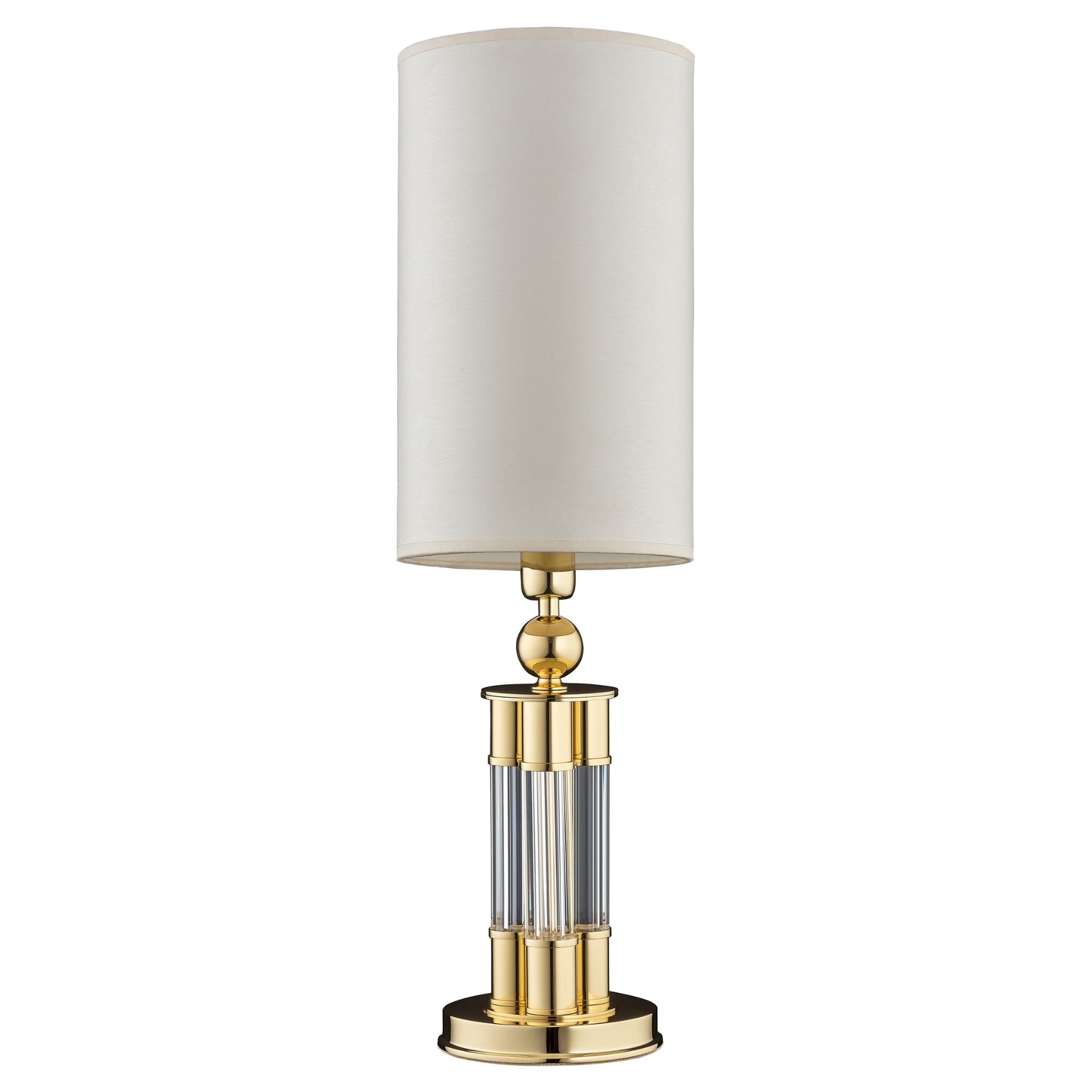 Lampa stołowa Lea o wysokości 60 cm, z okrągłą podstawą w kolorze złotym i przezroczystymi detalami. Górna część z białym abażurem w kształcie cylindra. Produkt stoi na płaskiej powierzchni, ujęty frontalnie.
