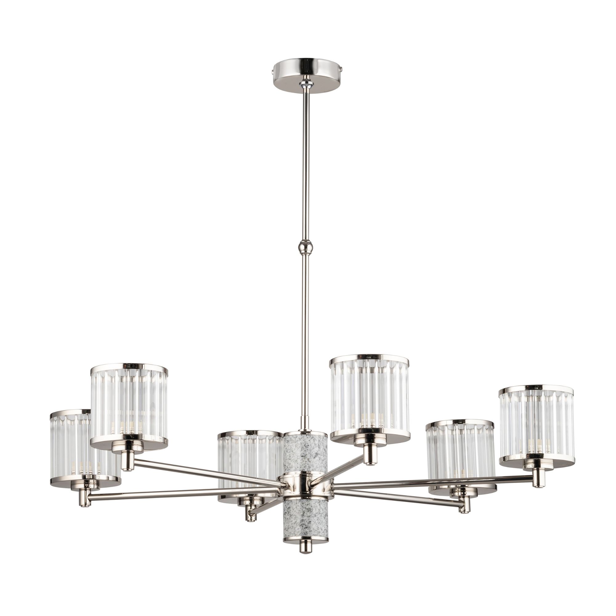 Lampa sufitowa Como I w kolorze srebrnym, o wymiarach 72x72x70 cm, z sześcioma przezroczystymi kloszami o żłobionej fakturze. Produkt zwisa z sufitu na cienkiej rurze, z centralnym elementem z dekoracyjnego materiału.