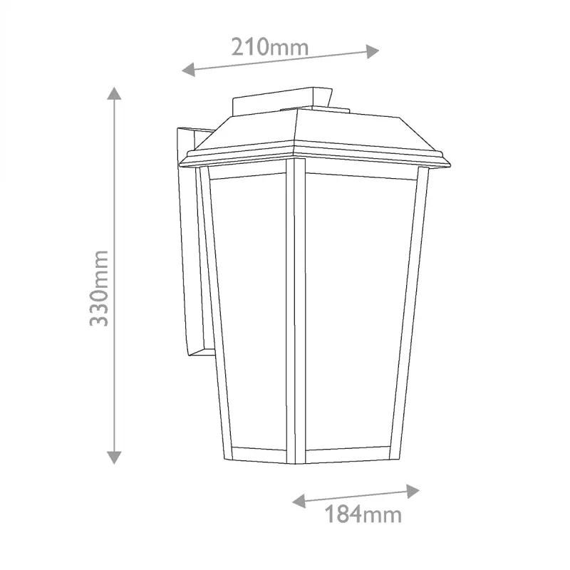 Kinkiet zewnętrzny Mathus S w kolorze czarnym, o wymiarach 330 mm wysokości, 210 mm szerokości i 184 mm głębokości. Produkt ma prostokątny kształt oraz płaską, nachyloną pokrywę. Ułożony w pozycji pionowej, przeznaczony do montażu na ścianie.