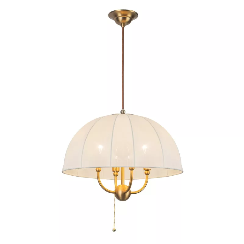 Lampa wisząca Crosby w kolorze szczotkowanego złota z białym kloszem w kształcie półkuli. Produkt zawiera cztery źródła światła, zawieszony na brązowym przewodzie, zamontowany na sufitowym wsporniku.