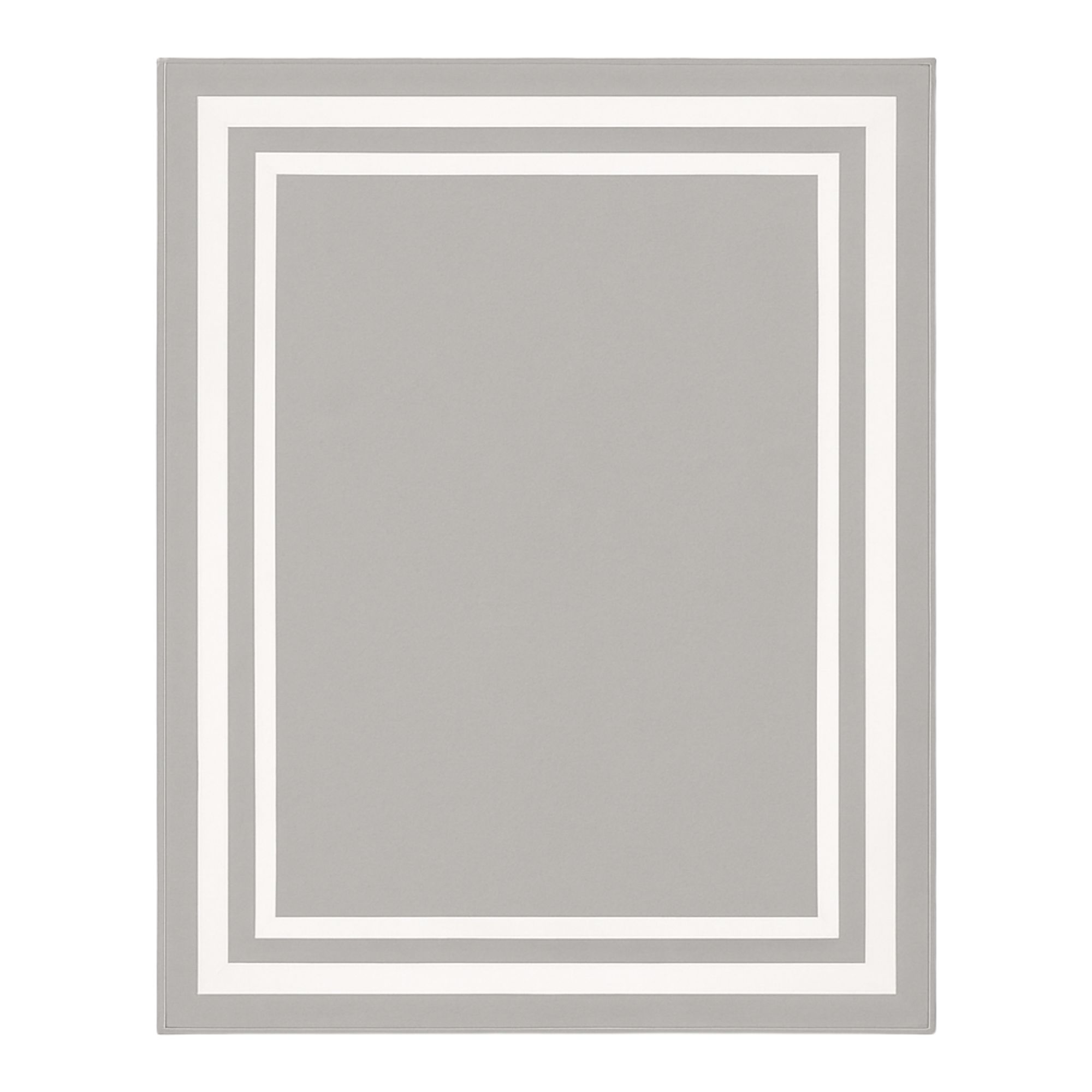 Szary koc o wymiarach 150x200 cm z białą podwójną ramką. Produkt leżący na jasnym tle, z widocznymi krawędziami oraz równymi warstwami kolorystycznymi. Idealny do dekoracji wnętrz lub jako element użytkowy.