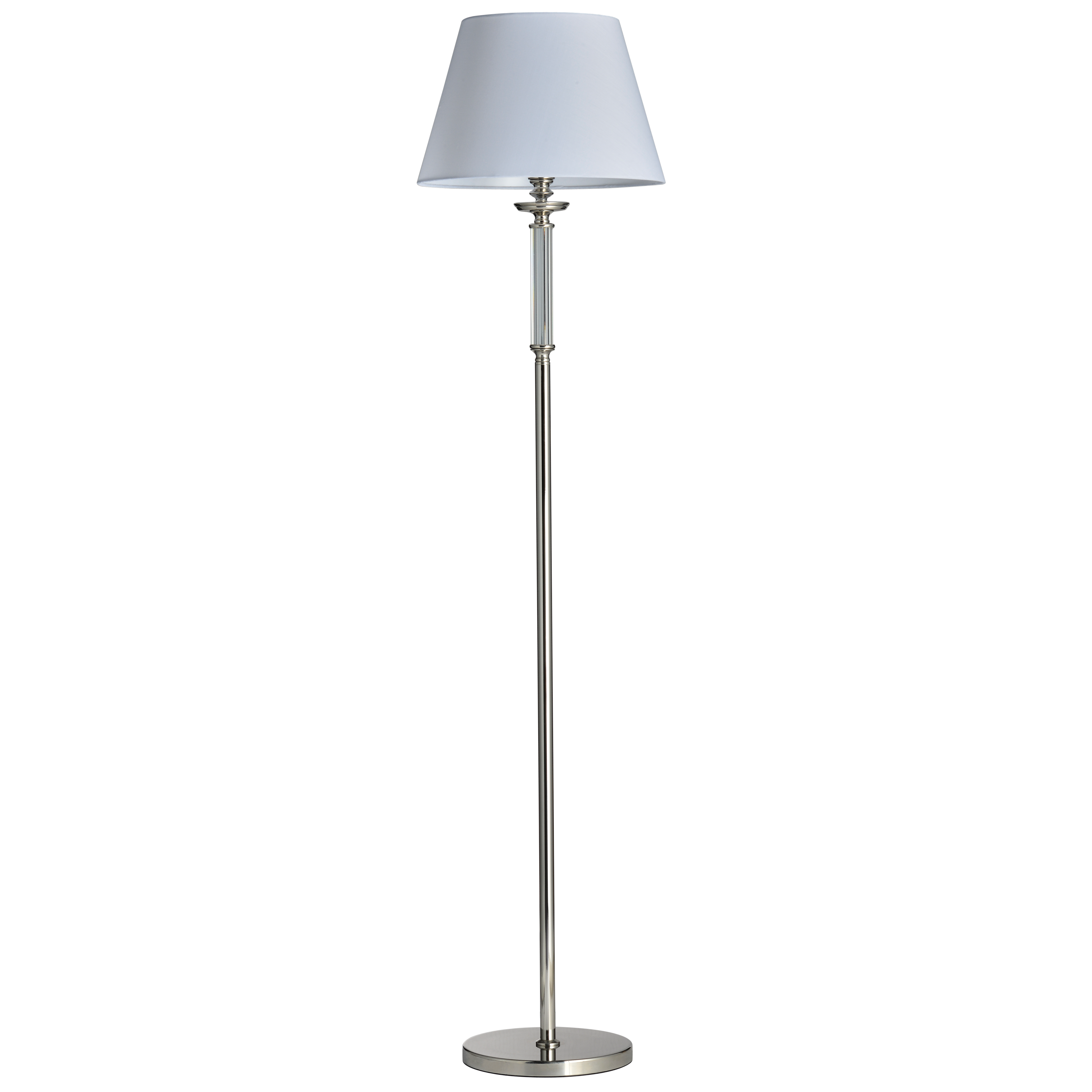 Lampa podłogowa Sapore w kolorze niklu o wysokości 170 cm, z białym abażurem w kształcie stożka. Produkt stojący, uwydatniony frontalnie, z metalową podstawą. Elegancki design pasujący do nowoczesnych wnętrz.