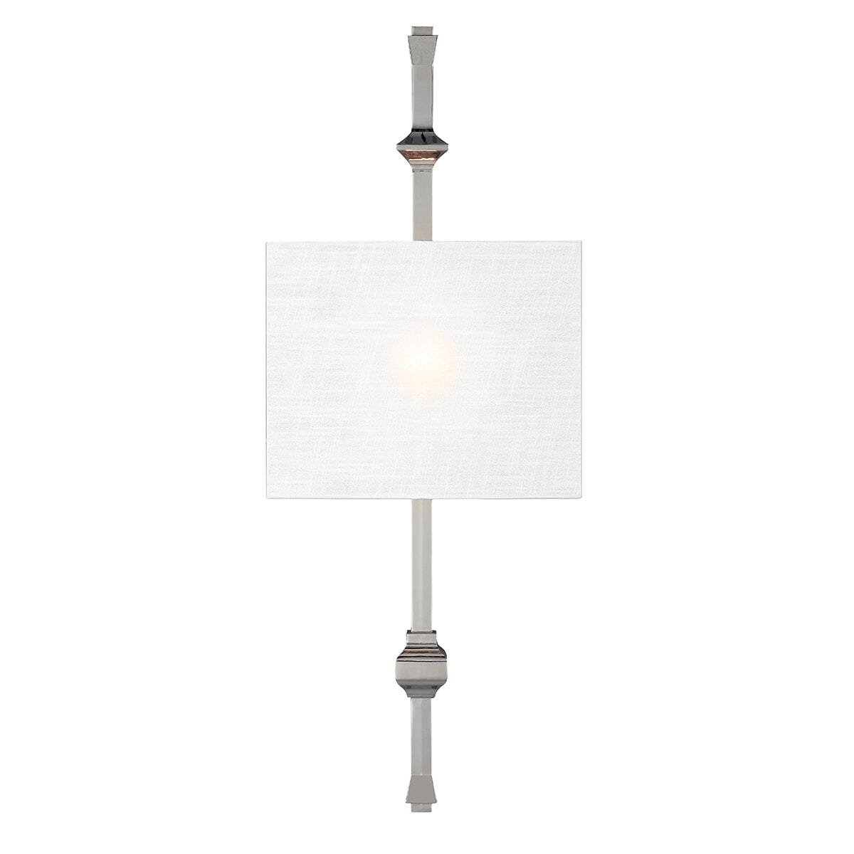 Kinkiet Cruz w kolorze niklu i białym, o wymiarach 29,3x55,5-76,4 cm. Posiada prostokątny klosz z białego materiału, zamontowany na metalowym stelażu z dekoracyjnymi detalami. Produkt wiszący, idealny do wnętrz nowoczesnych.