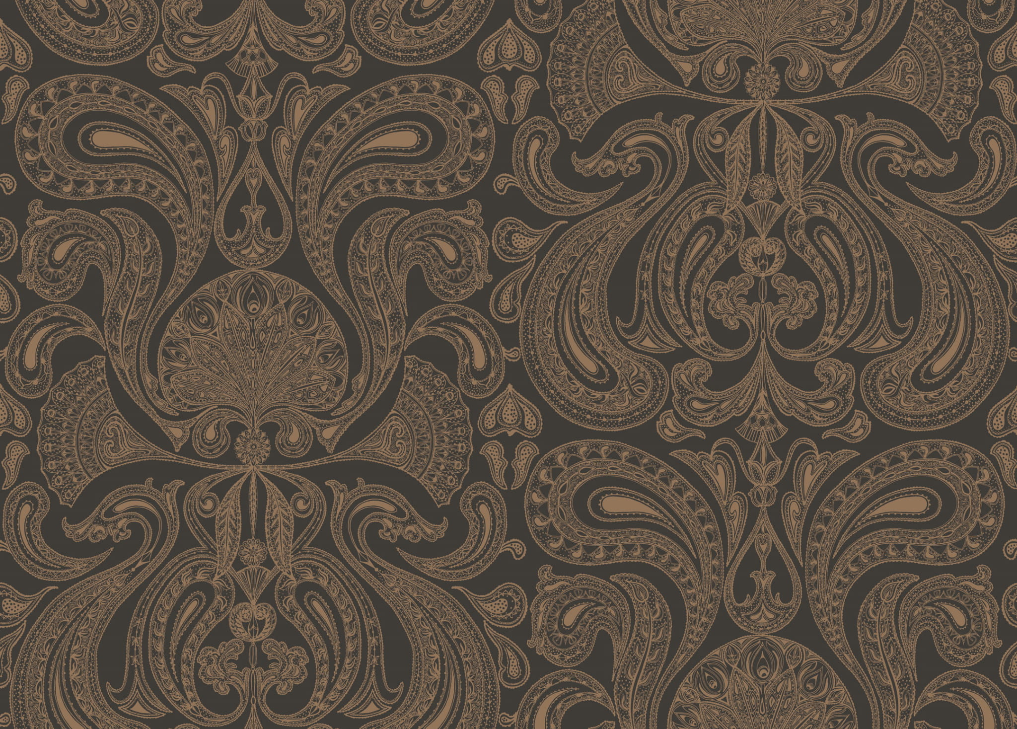 Tapeta Cole and Son Malabar w odcieniach brązu i miedzi, z eleganckim, bogatym wzorem roślinnym. Tło w kolorze czarnym, wzór złożony z falistych linii, liści oraz ornamentów, tworzy luksusowy efekt. Idealna do aranżacji wnętrz.