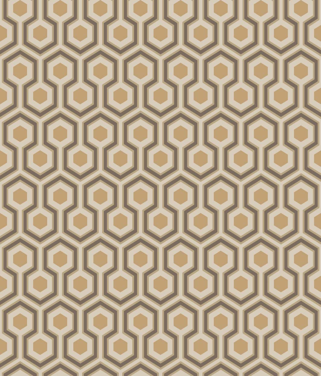 Tapeta Cole and Son Hicks' Hexagon w kolorach beżowym, miedzianym i charcoal; wzór w heksagony z wyraźnymi konturami. Producent oferuje dekoracyjny design z nowoczesną fakturą. Produkt w formie rolle, gotowy do montażu na ścianie.