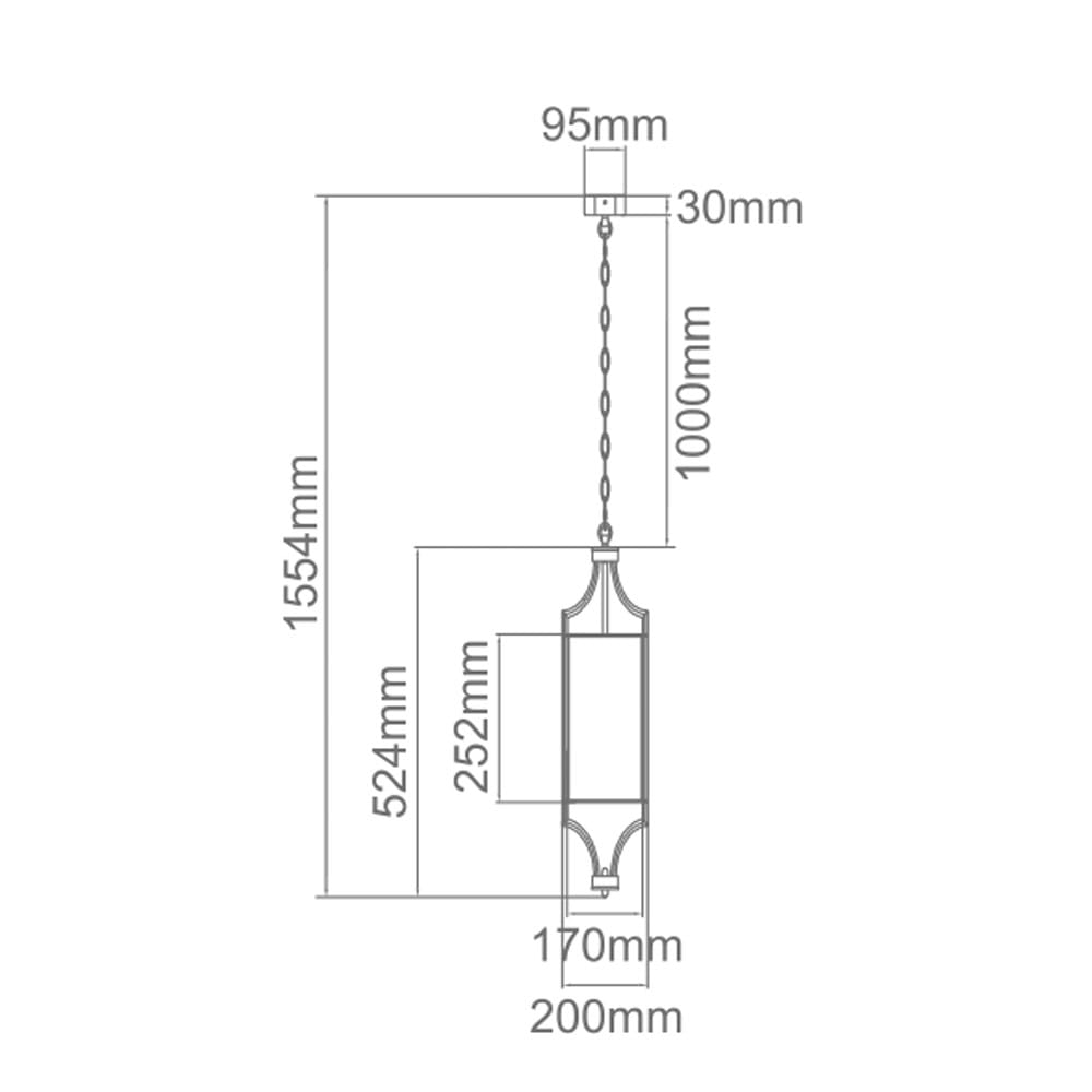 Lampa sufitowa wisząca Lunga w kolorze chromowanym, o wymiarach 20x52,4 cm. Produkt zawieszony na łańcuchu, widok frontalny. Wykonana z metalu, ma prostokątny kształt z zaokrąglonymi krawędziami. Dobrze widoczne mocowanie i dekoracyjne detale.