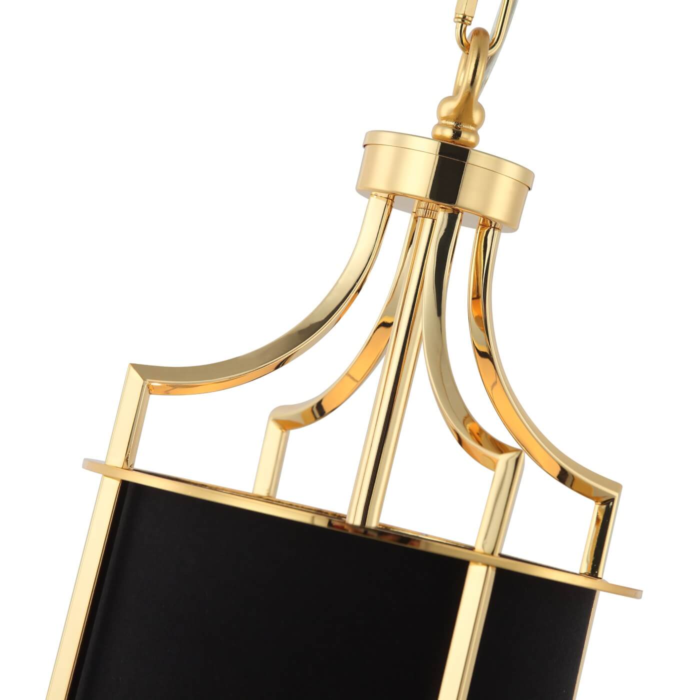 Lampa sufitowa wisząca Largo w kolorze złotym i czarnym, o wymiarach 20x52,4 cm. Produkt pokazany z dołu, z wyeksponowanym metalowym stelażem oraz klasycznym, okrągłym kloszem. Błyszczące wykończenie w złotym kolorze dodaje elegancji.