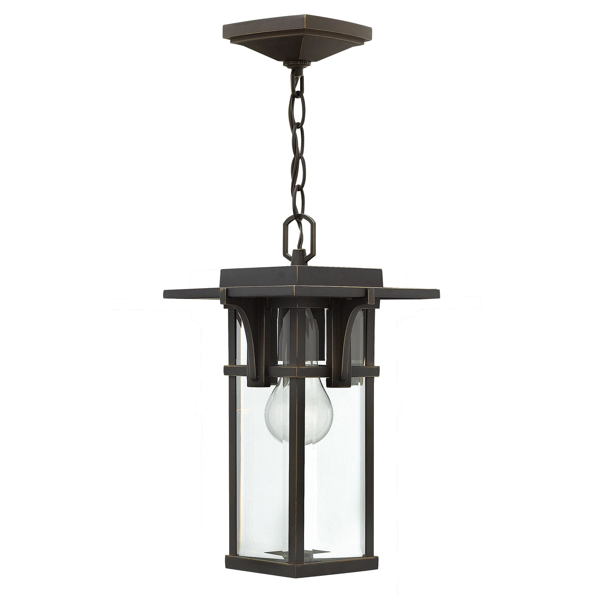 Wisząca lampa zewnętrzna Traino w kolorze brązowym, o wymiarach 18,4x30,5 cm. Produkt ma prostokątny kształt z przezroczystymi panelami. Ujęcie z przodu, ukazujące detal zawieszenia na łańcuszku oraz duże źródło światła wewnątrz.