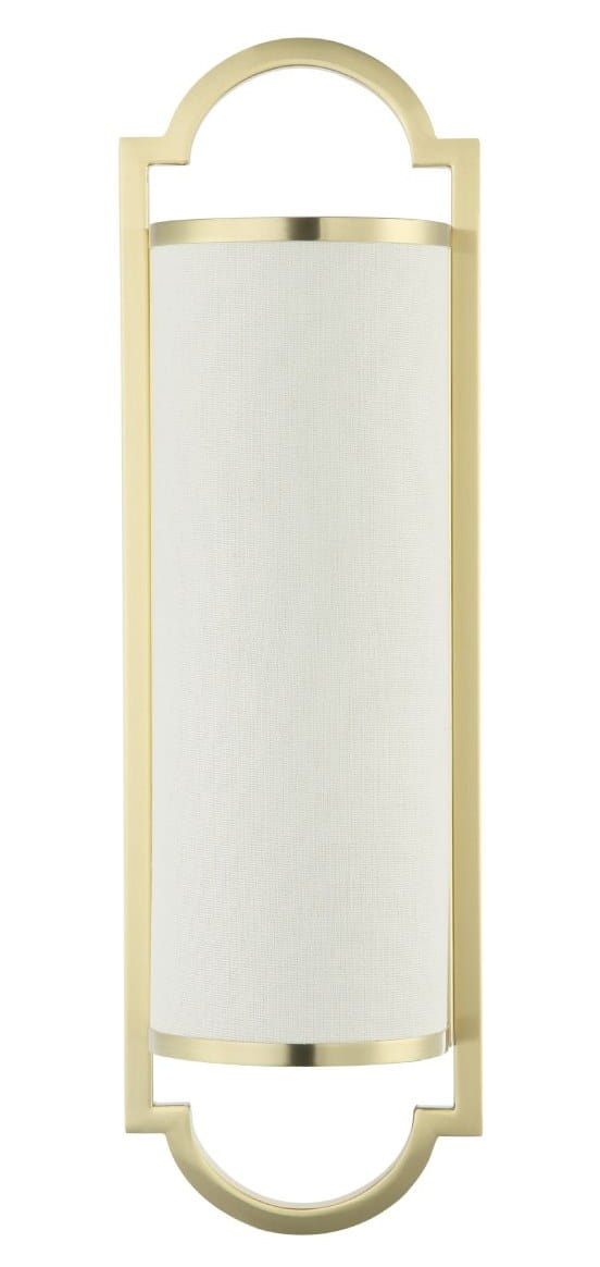 Kinkiet Libero Parette o wymiarach 15x49 cm, wykonany z satyny w kolorze starego złota, z białym kloszem tekstylnym. Produkt wiszący, prezentowany frontalnie. Prosta, elegancka forma bez zdobień. Tło białe, podkreślające detal produktu.