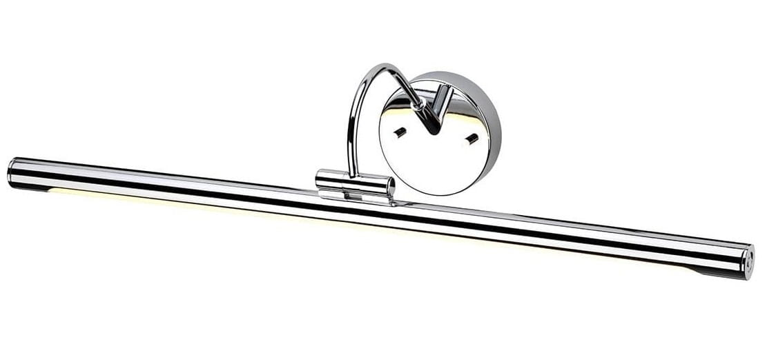 Kinkiet Galeryjka Armir Canvas L w kolorze chromu, z długą, prostą oprawą. Ujęcie frontalne, produkt montowany na ścianie, z minimalistycznym designem. Widoczna metaliczna struktura, podświetlenie LED. Tło jednolite, proste.