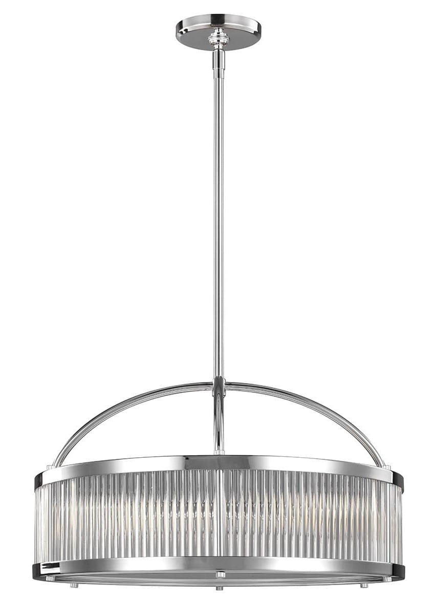 Lampa sufitowa wisząca Orvieto w kolorze chromu, o wymiarach 53,7x53,7x26,7-175,7 cm. Produkt wisi na długim, metalowym stelażu, z prostokątnym kloszem z przezroczystego szkła o żłobieniach, co tworzy ciekawe efekty świetlne.