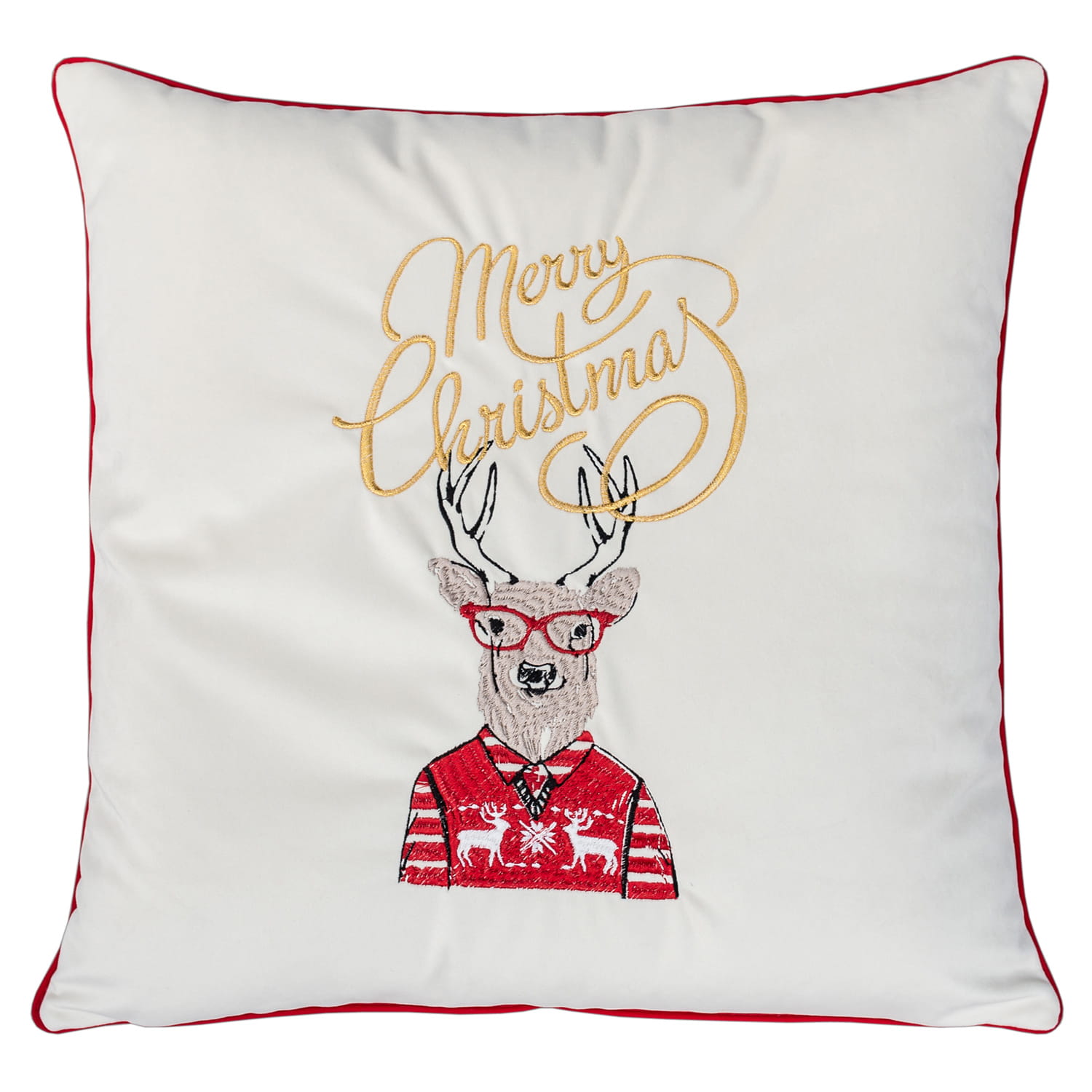 Poduszka dekoracyjna w kształcie kwadratu, z haftem przedstawiającym renifera w okularach oraz napisem „Merry Christmas” w kolorze złotym. Tło poduszki jest białe z czerwonym wykończeniem. Produkt leży na płaskiej powierzchni.