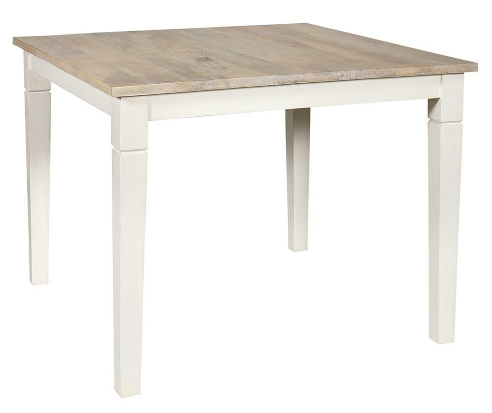 Stół Bristol w kolorze białym o wymiarach 100x100x78 cm z drewnianym blatem w odcieniu naturalnym. Ujęcie frontalne, produkt stoi na czterech prostokątnych nogach. Tło proste, białe. Brak widocznych napisów i dekoracji.
