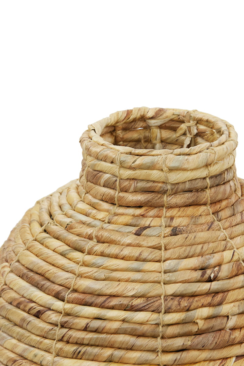 Wazon hyacintowy o wysokości 50 cm, wykonany z plecionych włókien w odcieniach beżu i brązu. Produkt pokazany z góry, w zbliżeniu na szczegóły plecionki. Otwór u góry ma naturalny kształt, co podkreśla organiczny charakter.