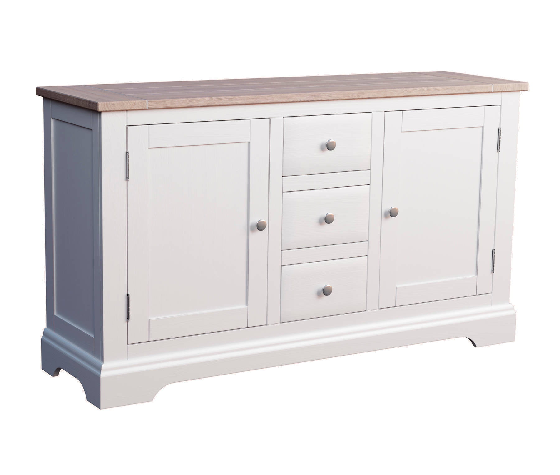 Komoda drewniana Dorset Laura Ashley w kolorze białym z naturalnym, jasnym blatem. Produkt stojący, z dwoma drzwiami i trzema szufladami. Prosty design, gładka powierzchnia. Wymiary: 153x45x88 cm. Na prostej, jasnej powierzchni.